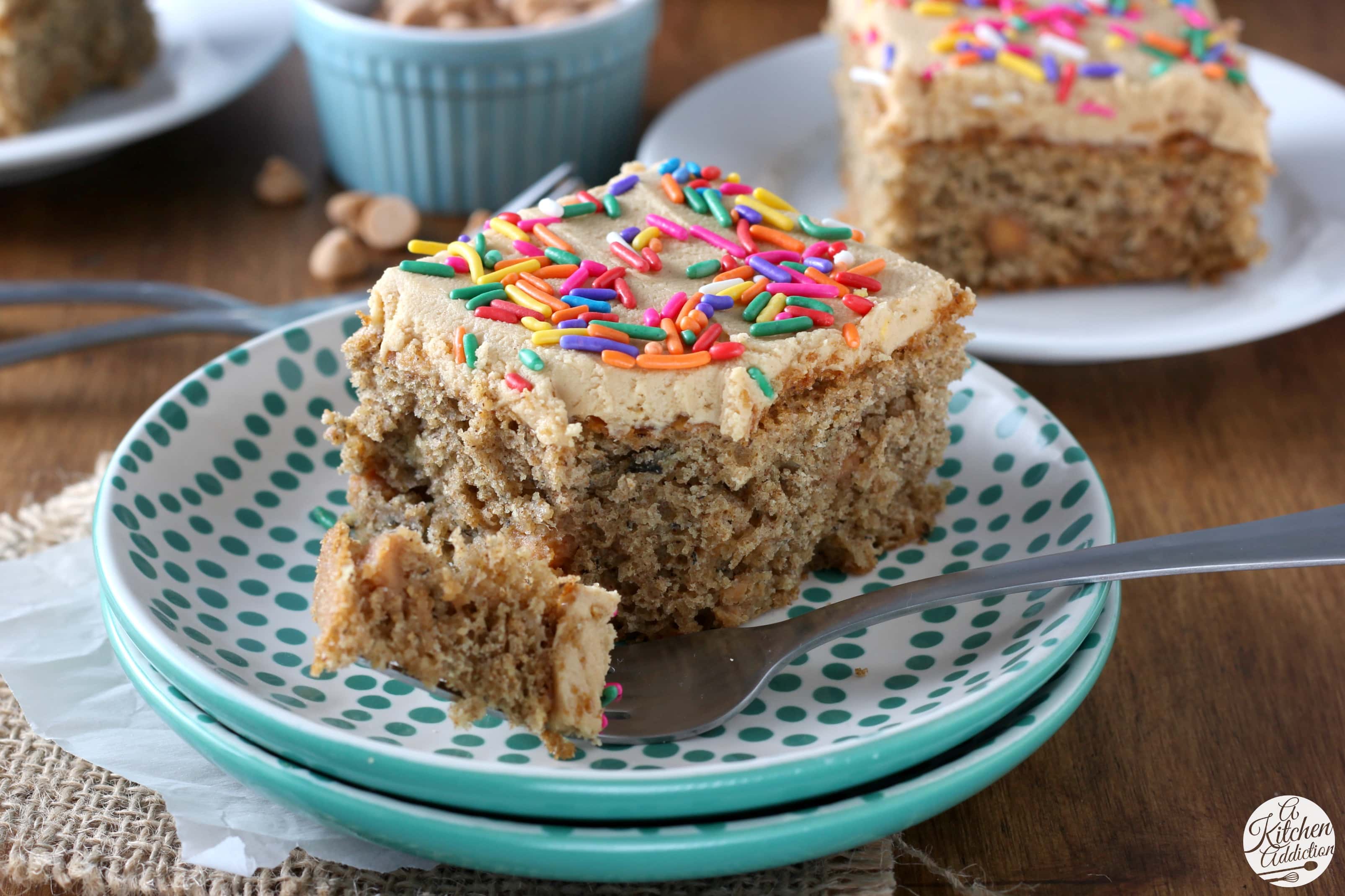 Easy Banana Cake with Peanut Butter Frosting Recipe from A Kitchen Addiction