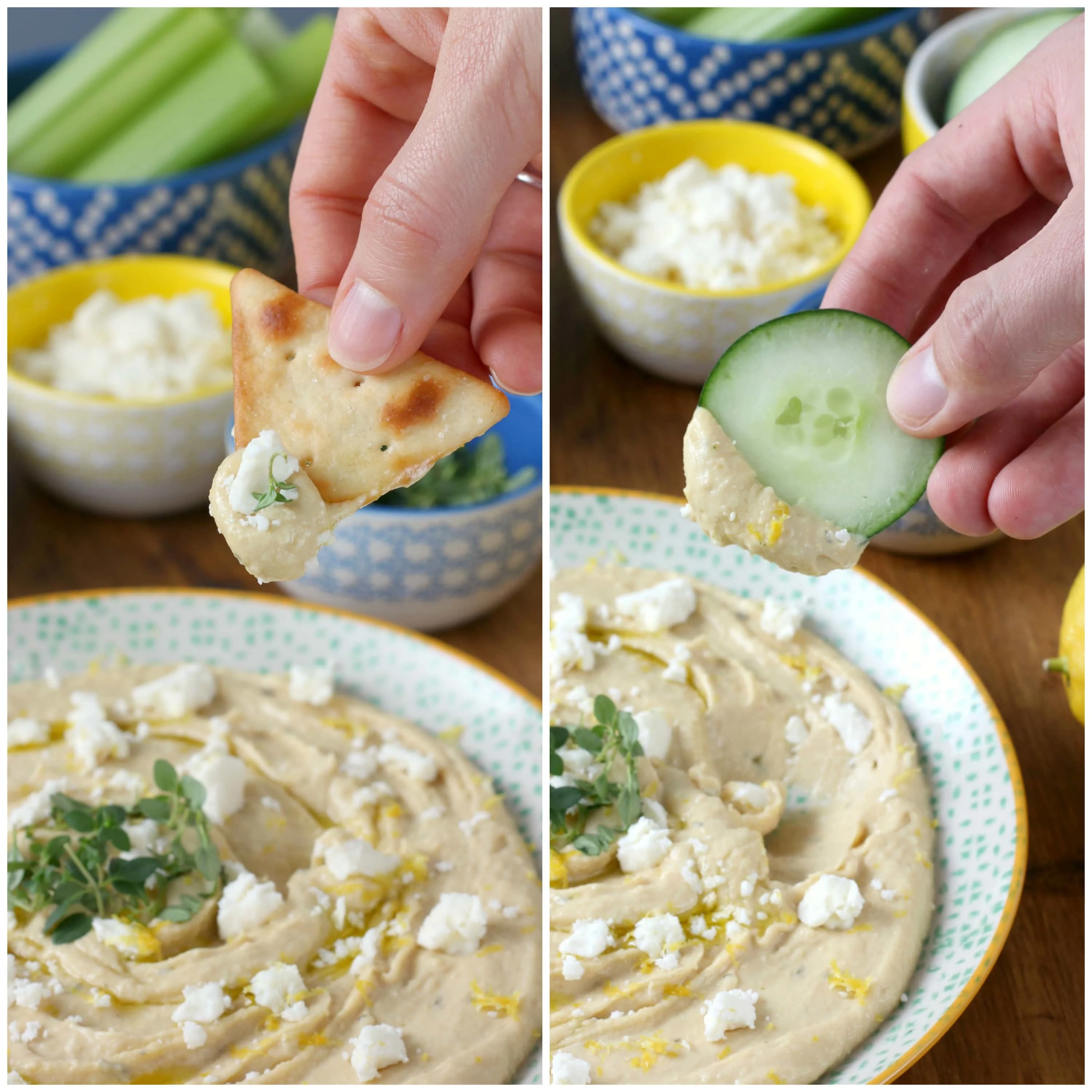 Lemon Thyme Hummus with Feta for a quick snack