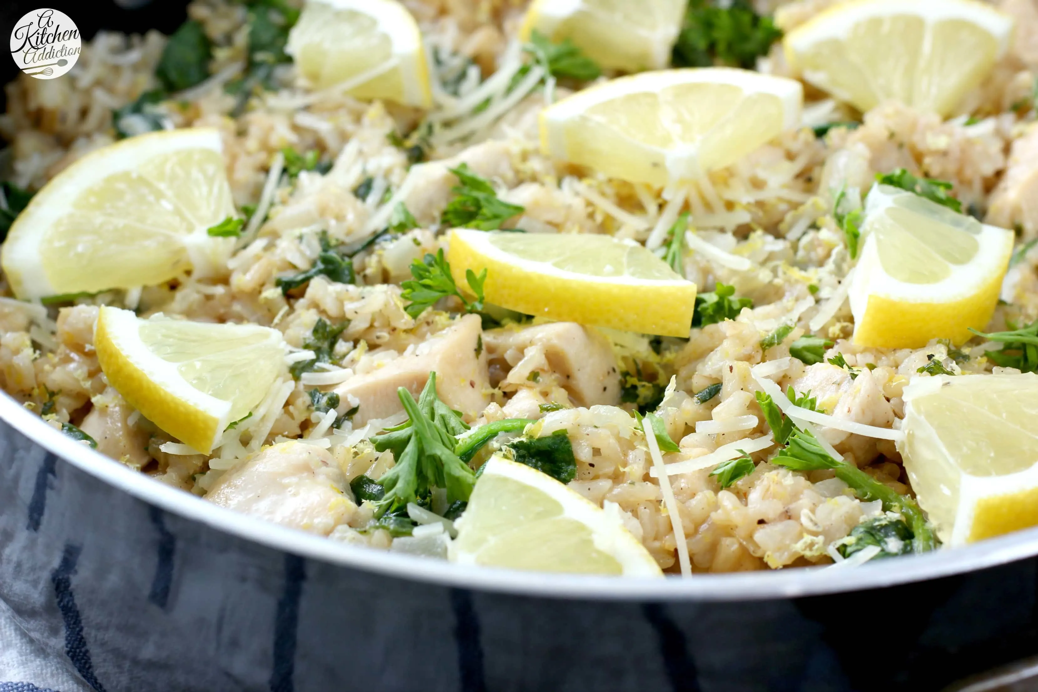 Lemon Parmesan Chicken and Rice Skillet Meal Recipe from A Kitchen Addiction