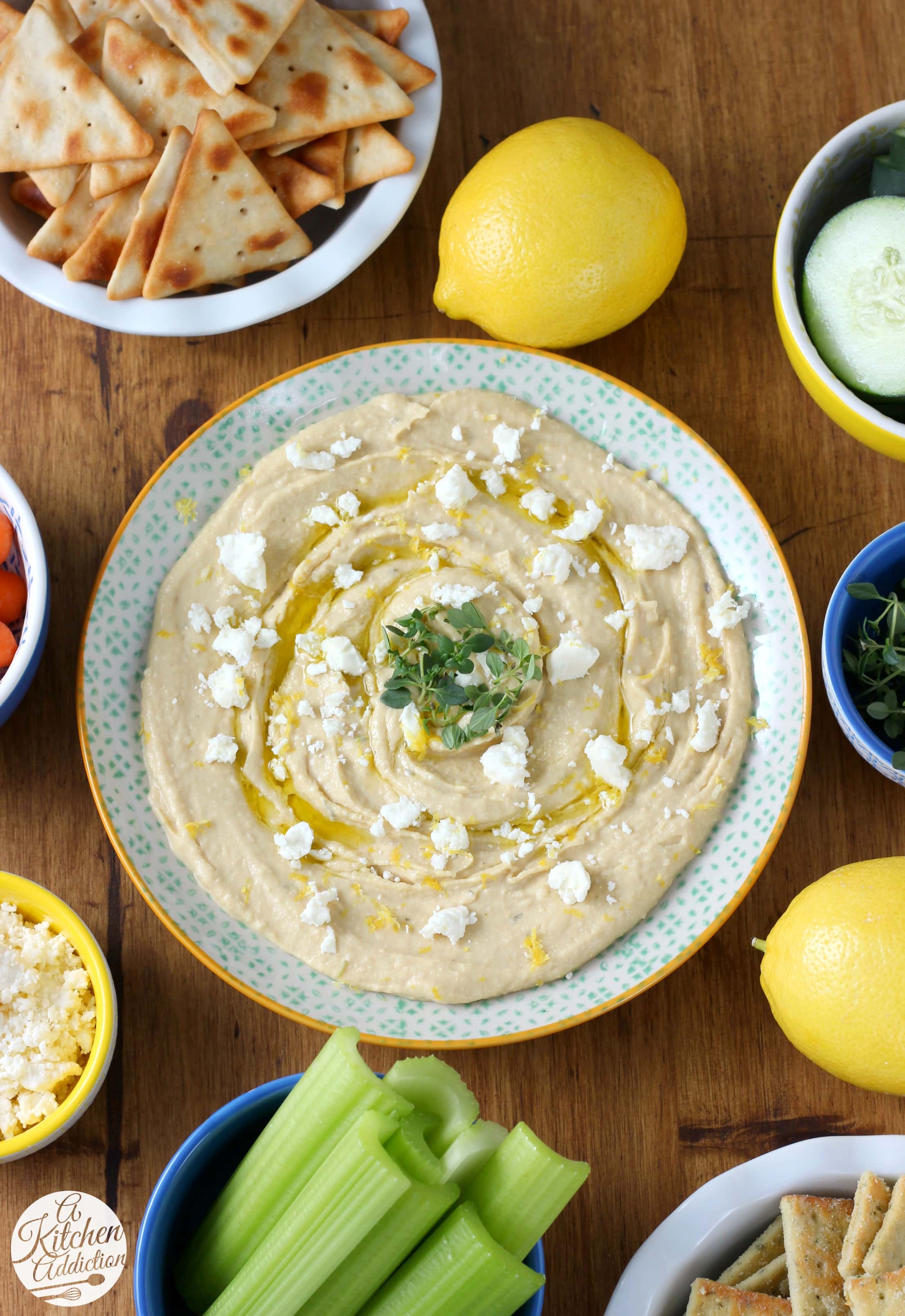 Lemon Thyme Hummus with Feta from A Kitchen Addiction