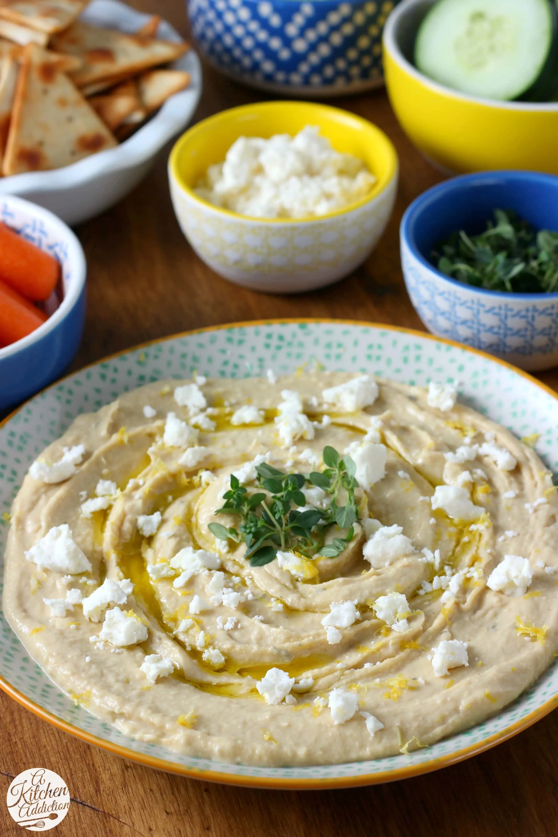 Lemon Thyme Hummus with Feta from A Kitchen Addiction