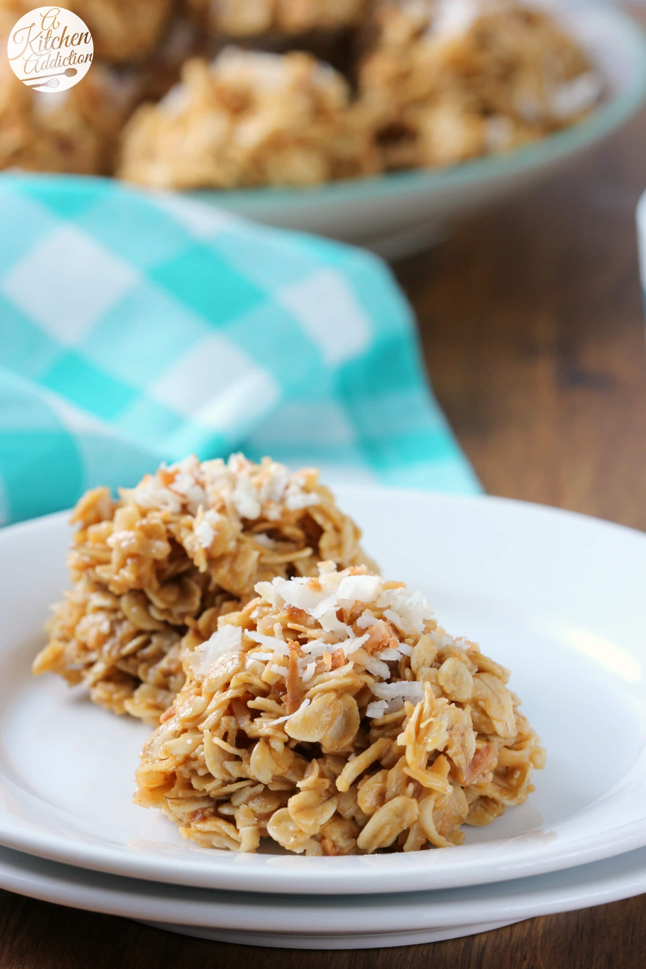 Toasted Coconut Peanut Butter No Bake Cookies Recipe from A Kitchen Addiction