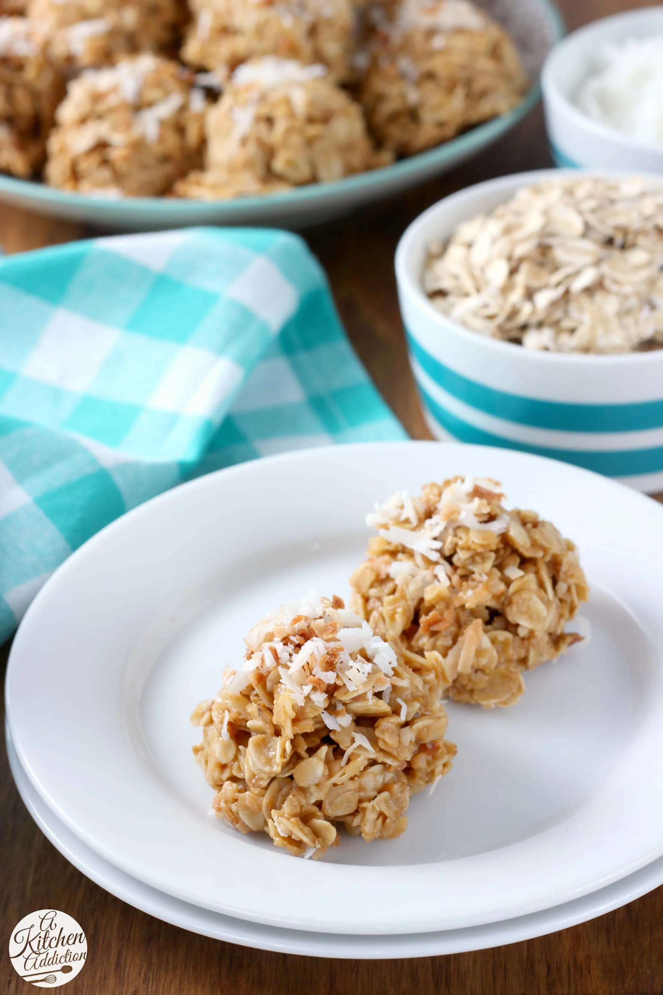 Lightened Up Toasted Coconut Peanut Butter No Bake Cookies Recipe from A Kitchen Addiction