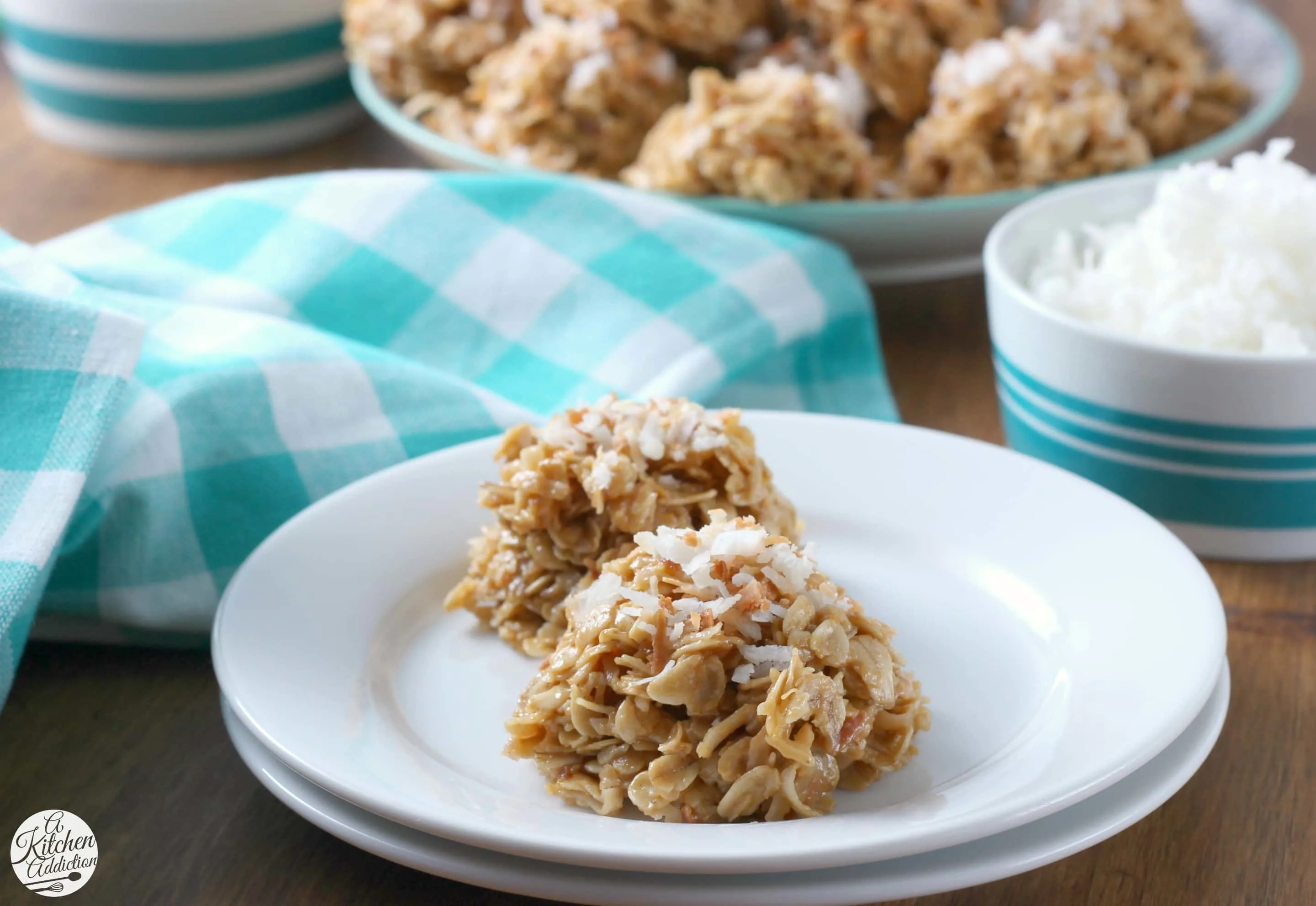 Lightened Up Coconut Peanut Butter No Bake Cookies Recipe from A Kitchen Addiction