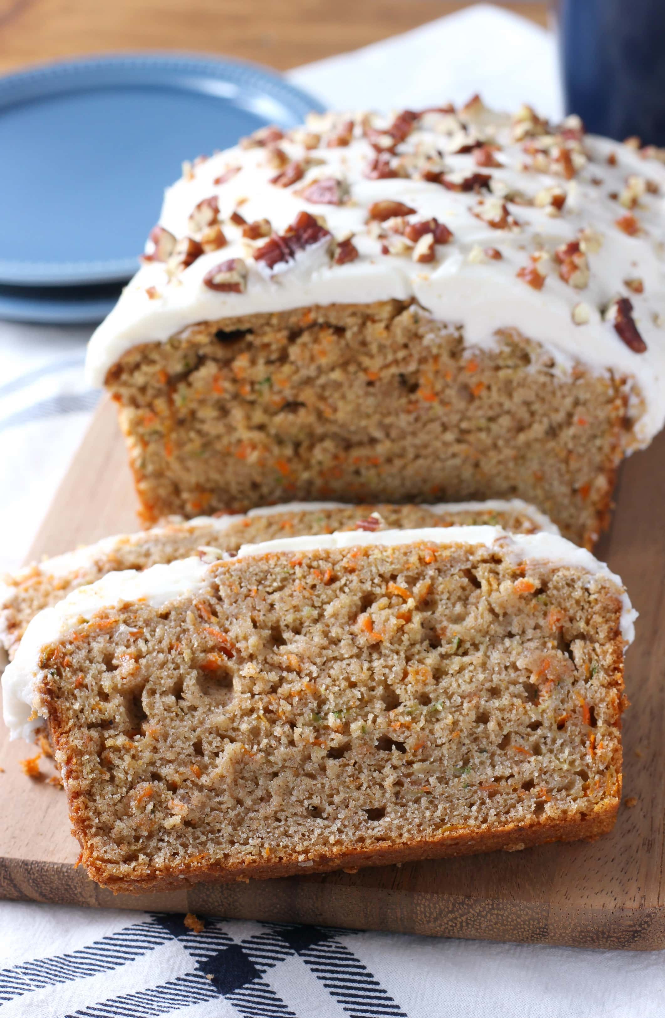 Zucchini Carrot Cake Quick Bread with Cream Cheese Frosting Recipe from A Kitchen Addiction