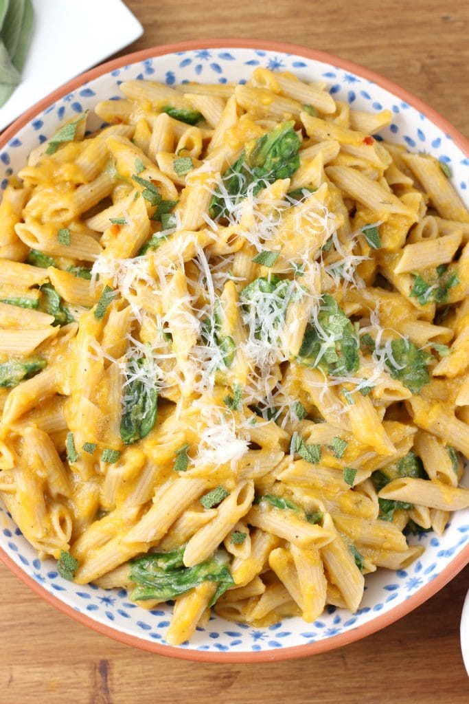 Creamy Butternut Penne with Spinach and Parmesan - A Kitchen Addiction