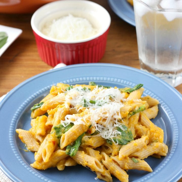 Creamy Butternut Penne with Spinach and Parmesan Recipe from A Kitchen Addiction