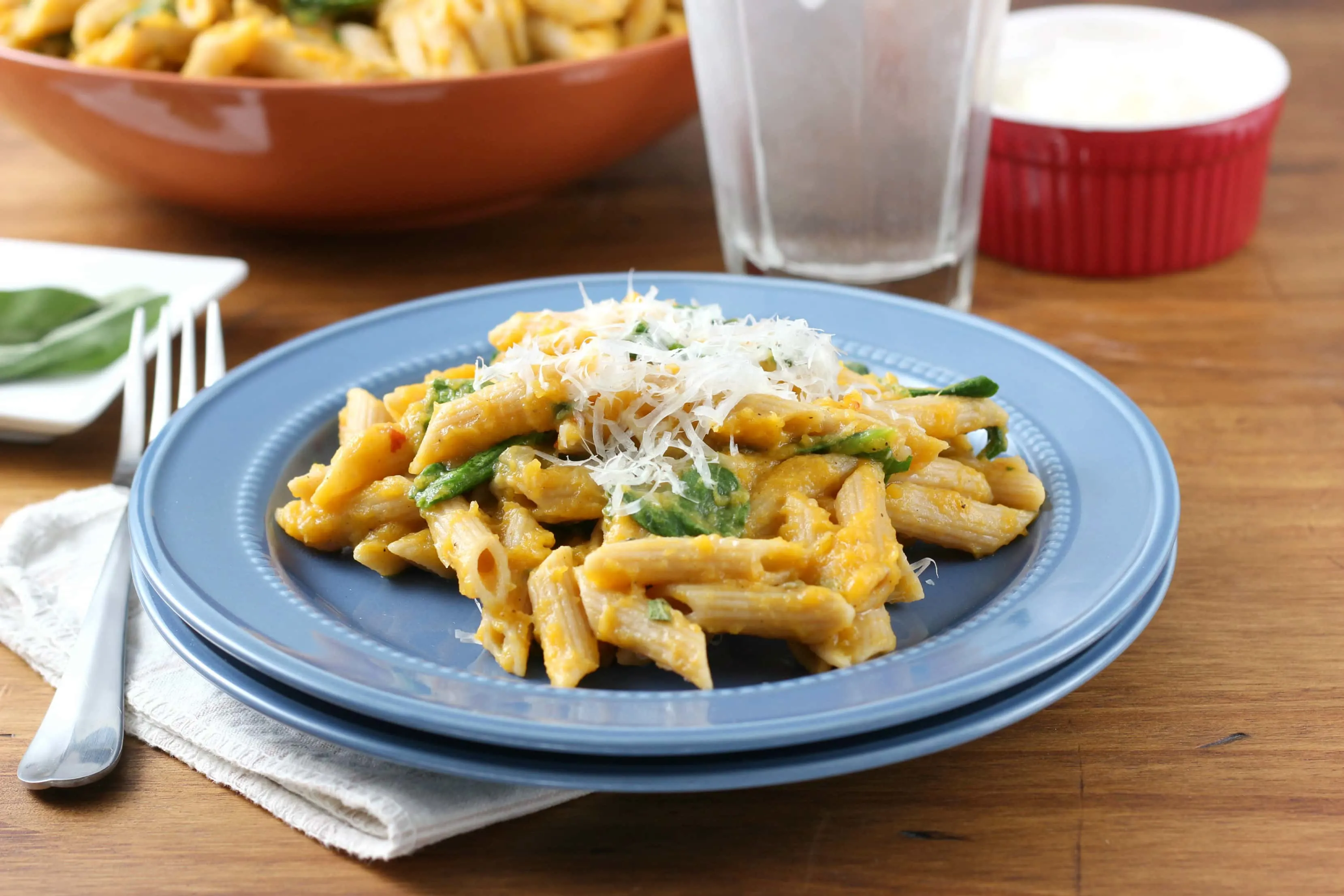 Easy Creamy Butternut Penne with Spinach and Parmesan Recipe from A Kitchen Addiction
