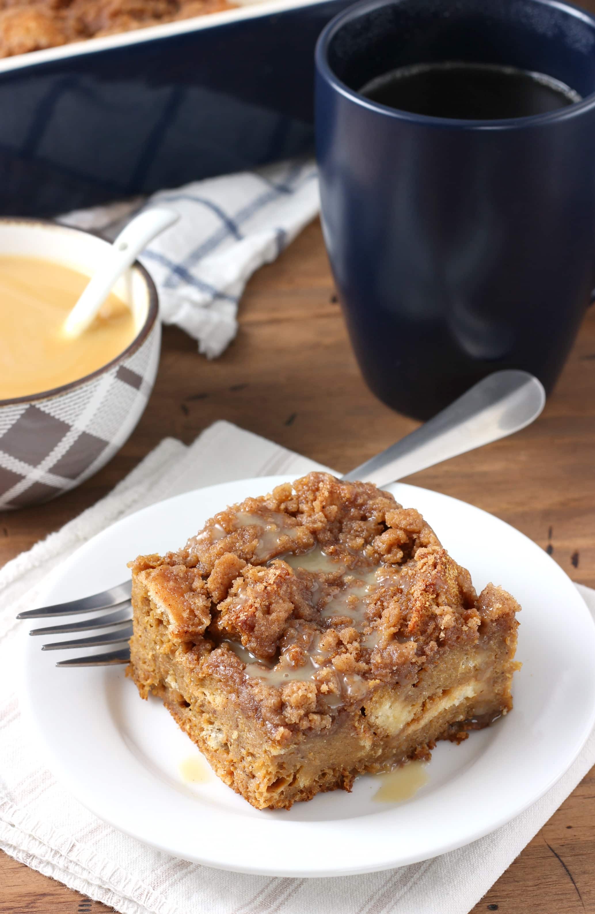 Eggnog Gingerbread French Toast Bake with Eggnog Syrup Recipe from A Kitchen Addiction