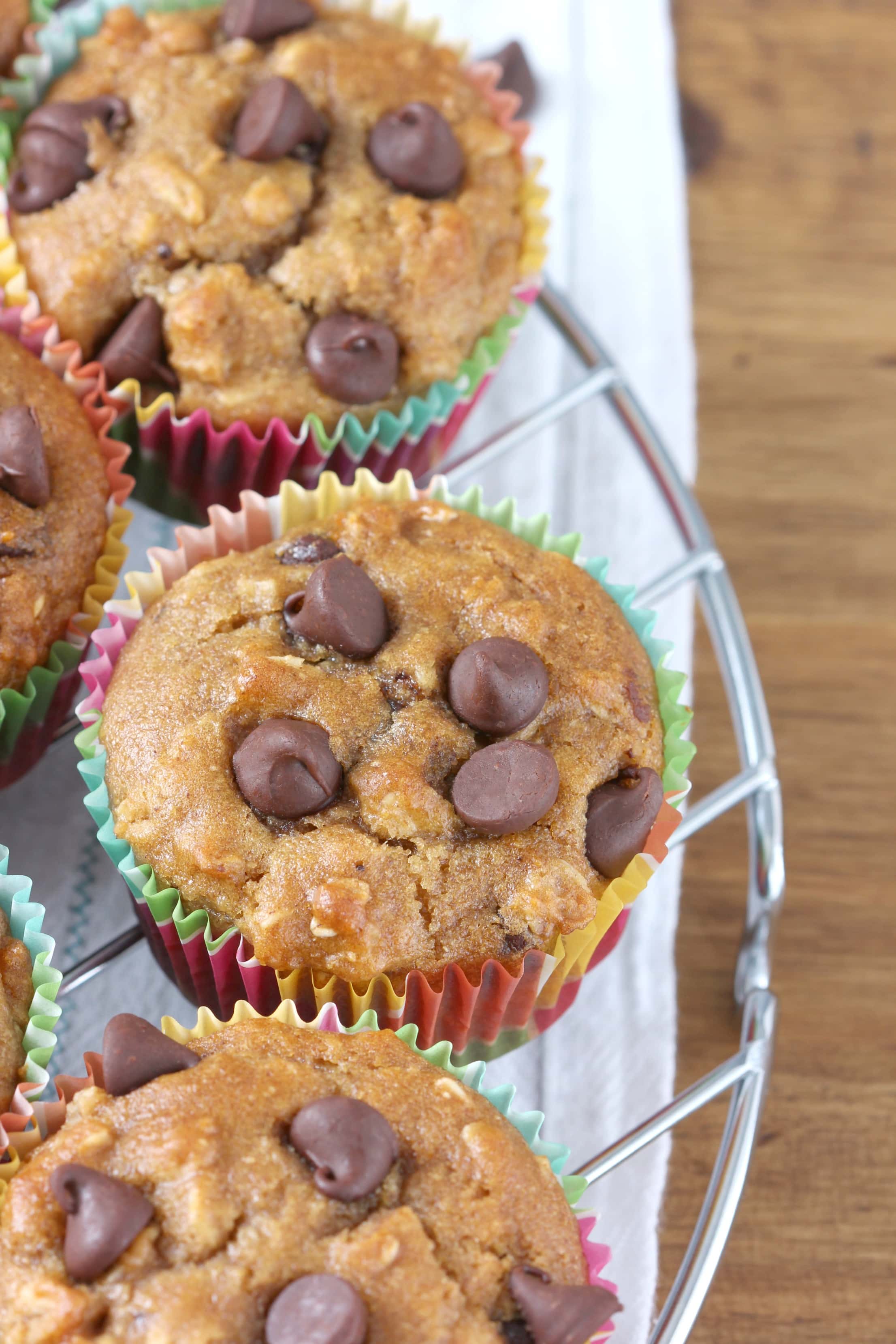 Peanut Butter Chocolate Chip Oat Muffins Recipe from A Kitchen Addiction