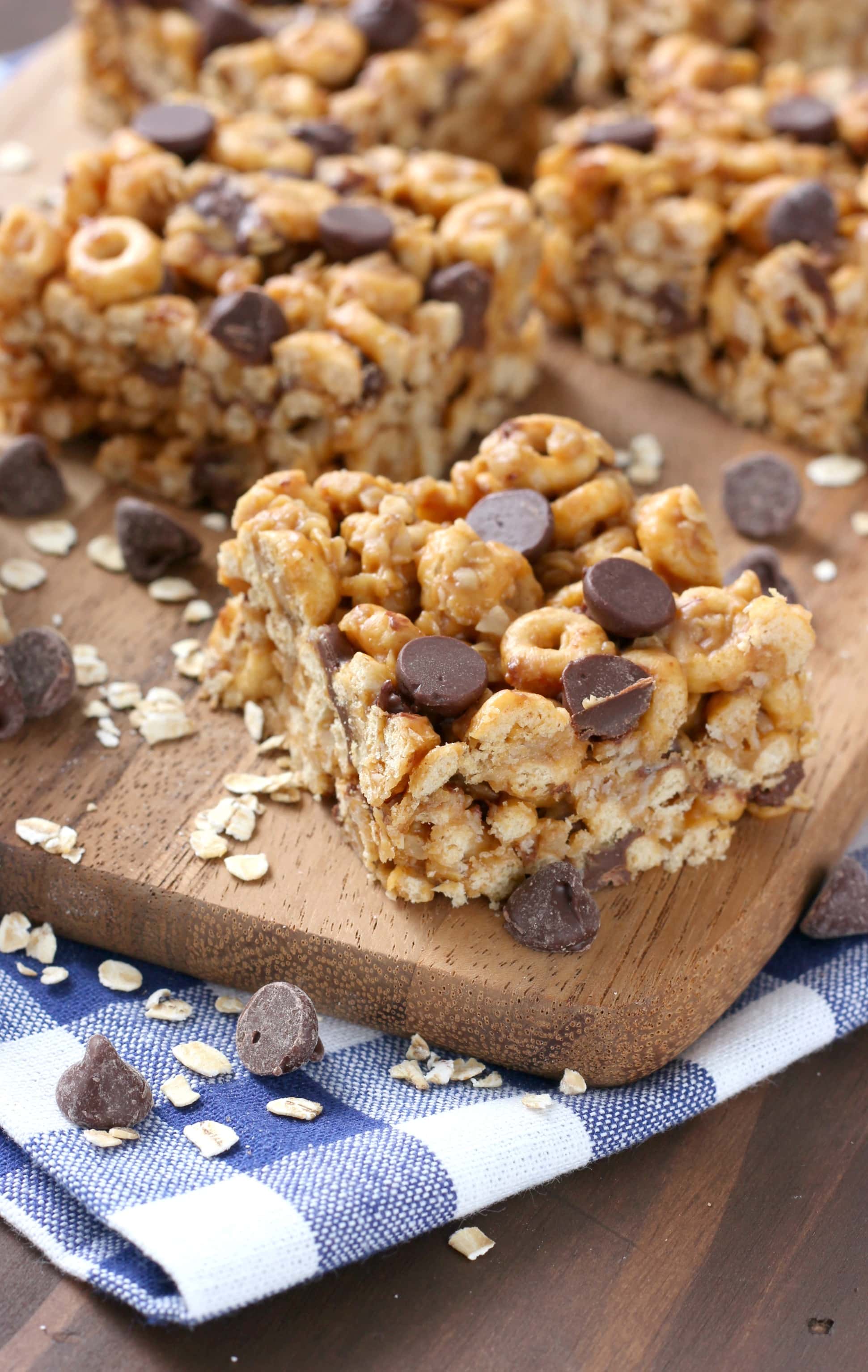 Chocolate Chip Peanut Butter Honey Cereal Bars Recipe from A Kitchen Addiction