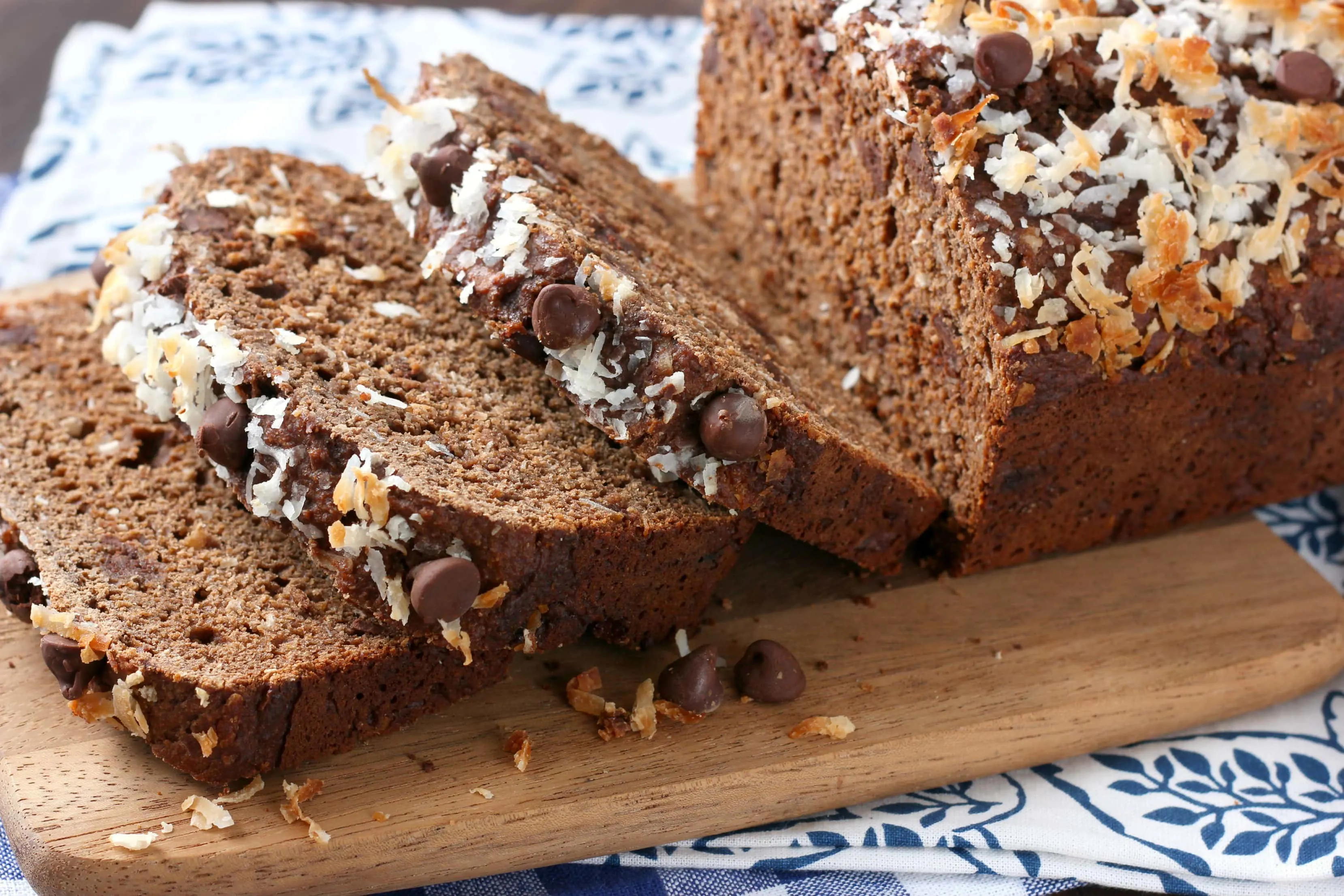 slices of easy chocolate coconut yogurt quick bread on a cutting board