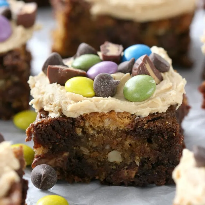 Loaded Peanut Butter Monster Cookie Brownies Recipe from A Kitchen Addiction