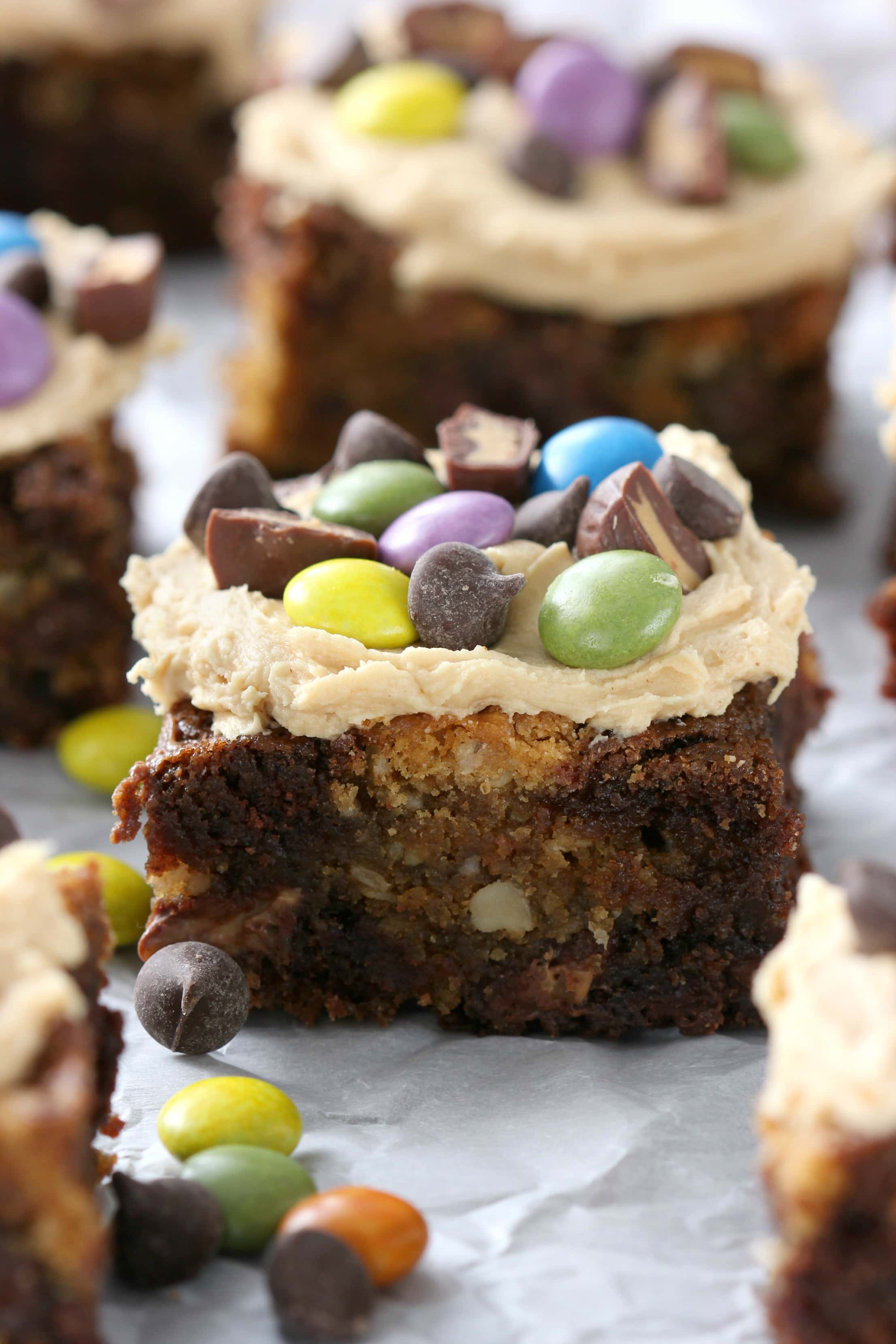 Loaded Peanut Butter Monster Cookie Brownies Recipe from A Kitchen Addiction