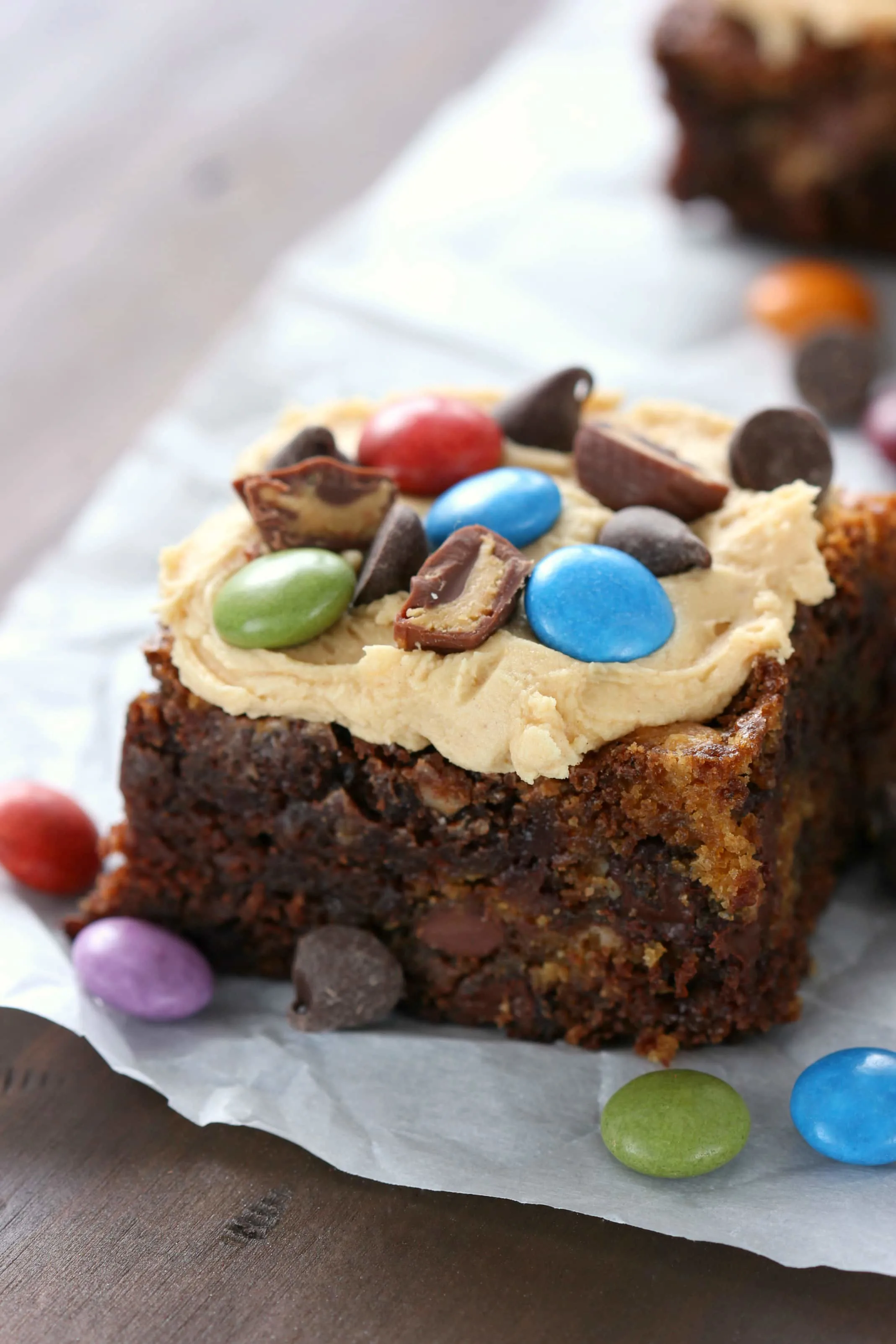 Loaded Peanut Butter Monster Cookie Brownies Recipe from A Kitchen Addiction