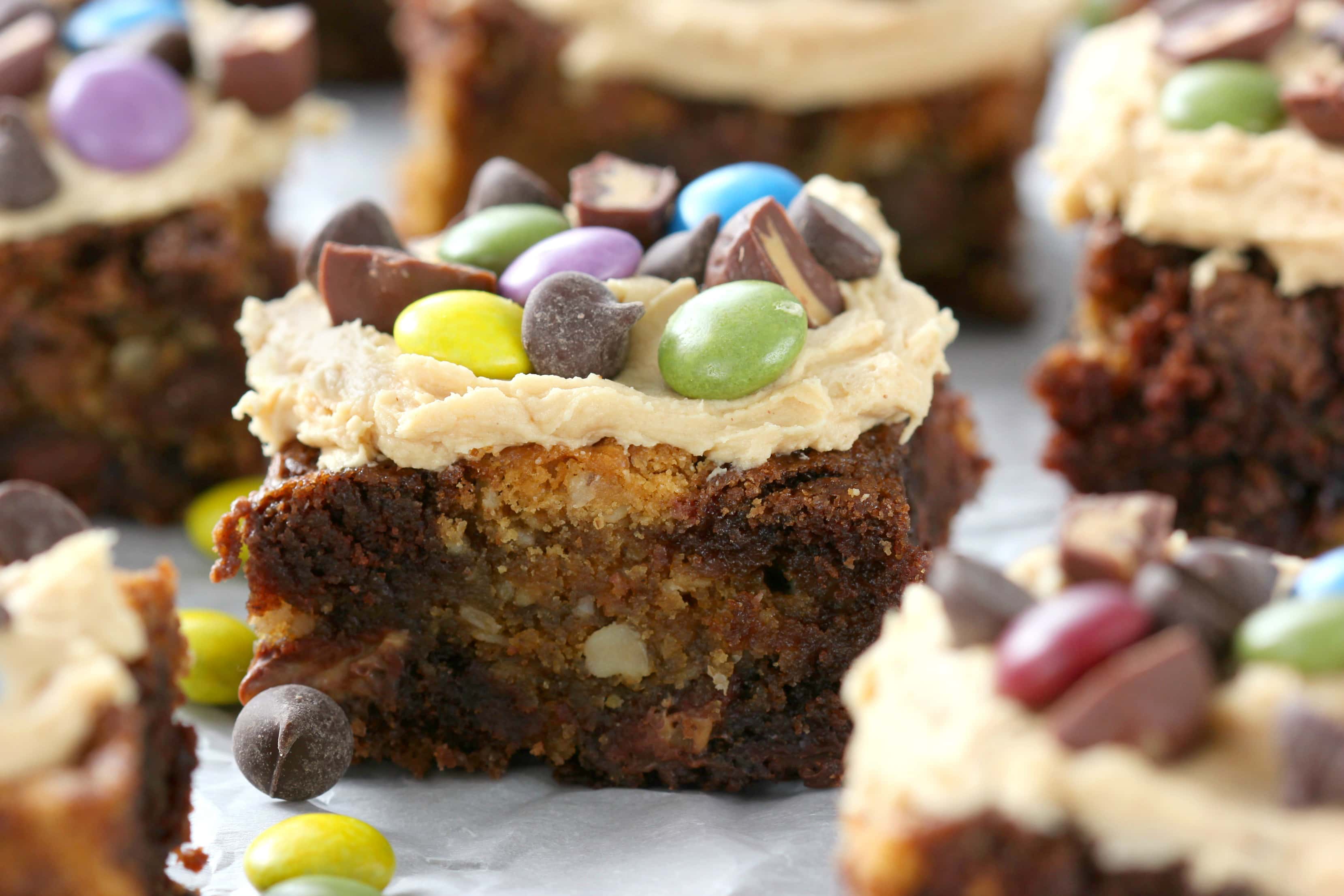 Loaded Peanut Butter Monster Cookie Brownies Recipe from A Kitchen Addiction