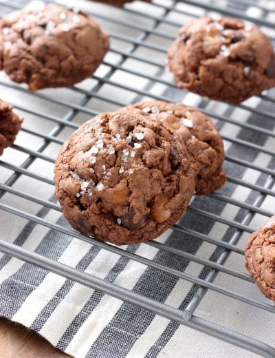 Salted Dark Chocolate Caramel Fudge Cookies Recipe from A Kitchen Addiction