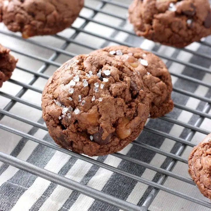 Salted Dark Chocolate Caramel Fudge Cookies Recipe from A Kitchen Addiction