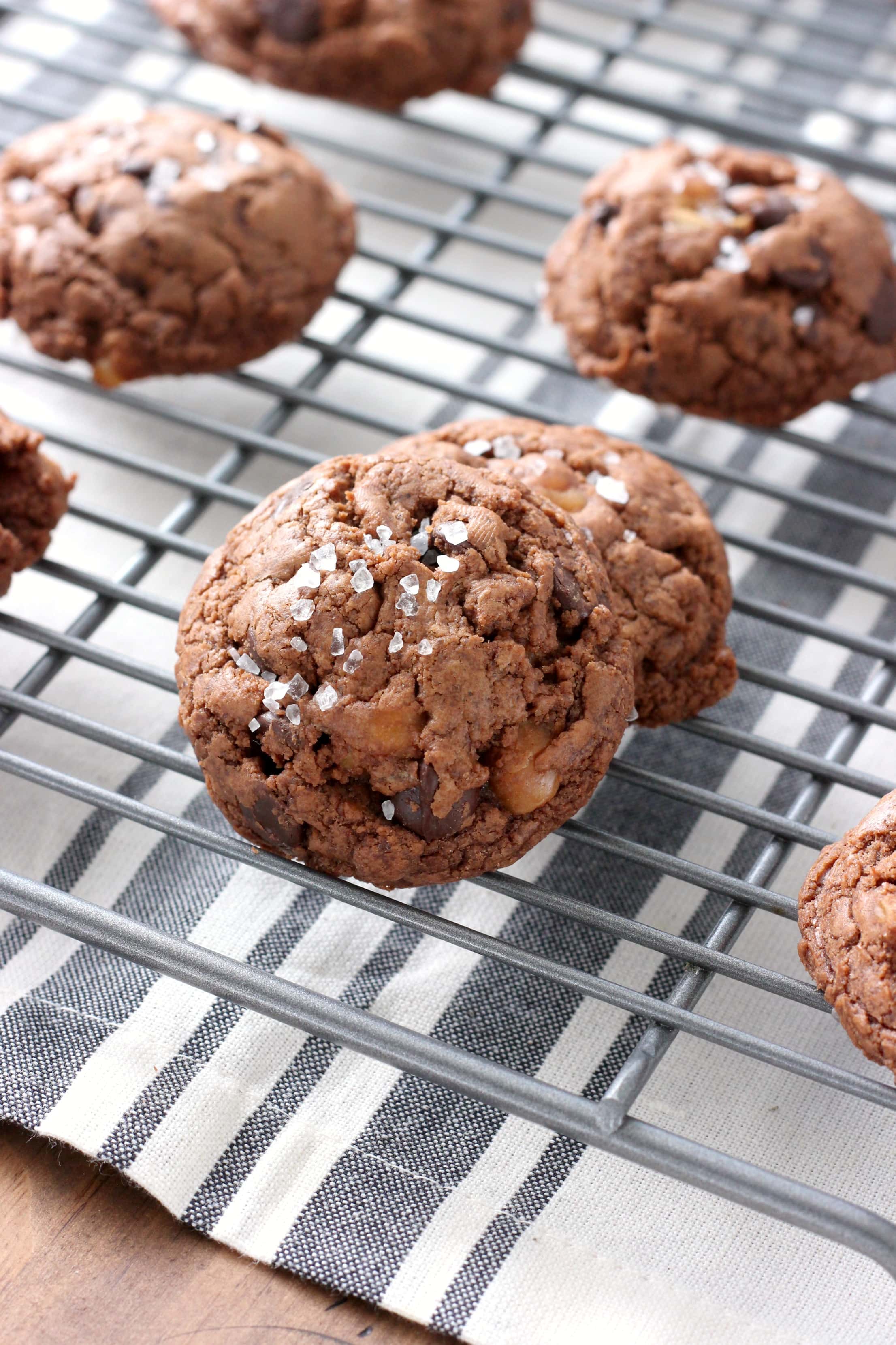 Salted Dark Chocolate Caramel Fudge Cookies Recipe from A Kitchen Addiction