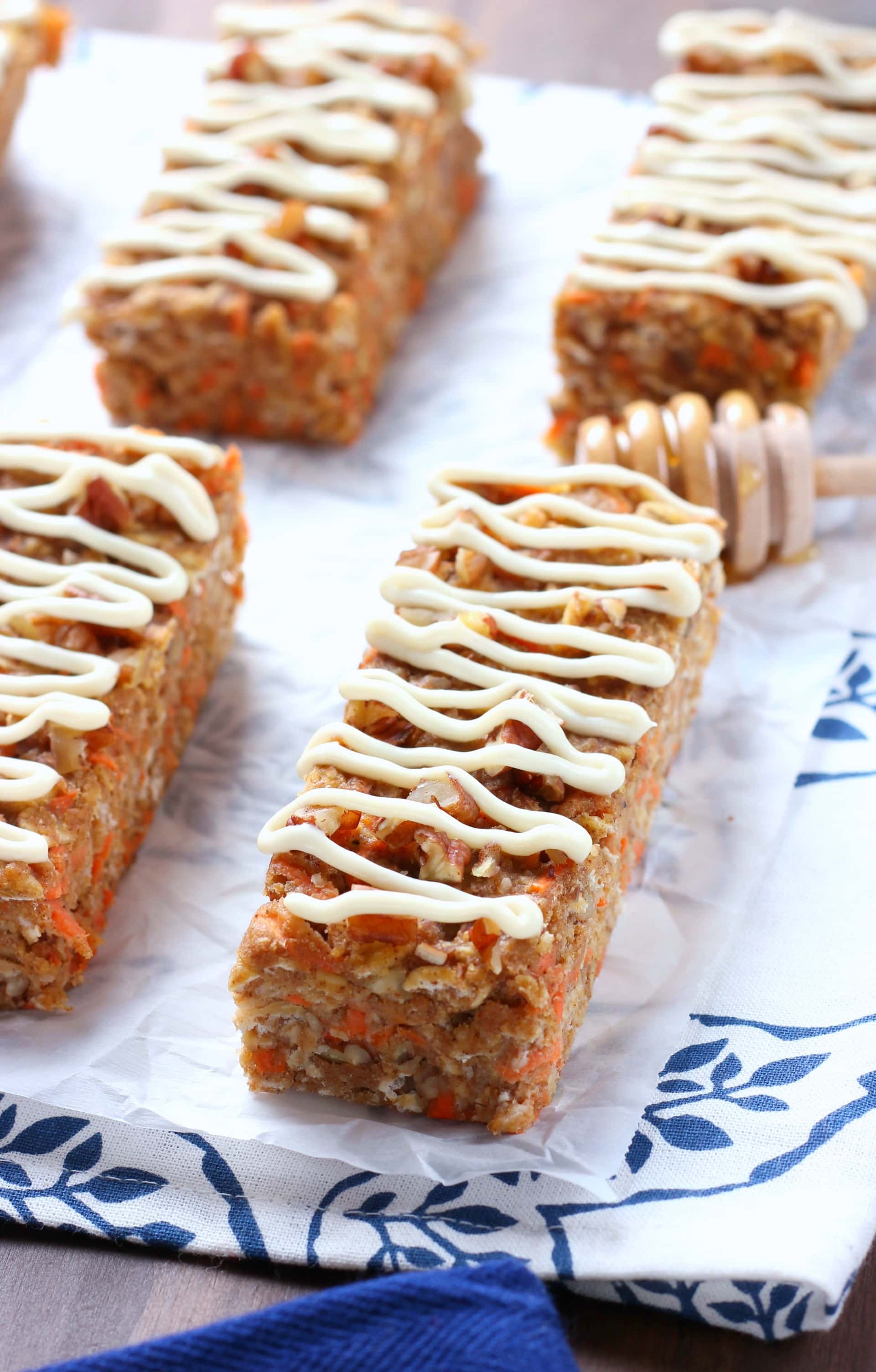 Carrot Cake Breakfast Bars with Honey Cream Cheese Drizzle Recipe from A Kitchen Addiction