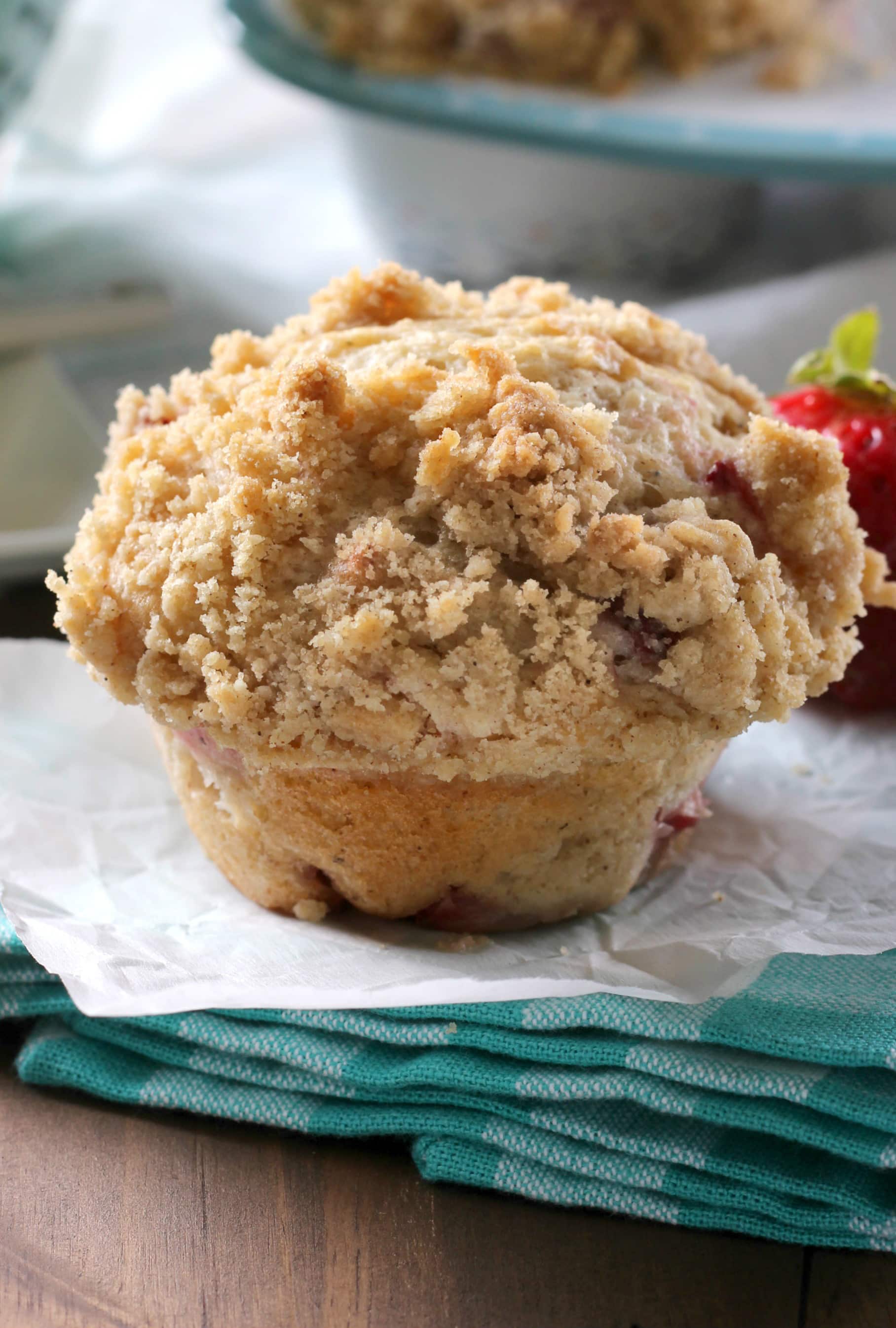 Bakery Style Strawberry Crumb Muffins Recipe from A Kitchen Addiction