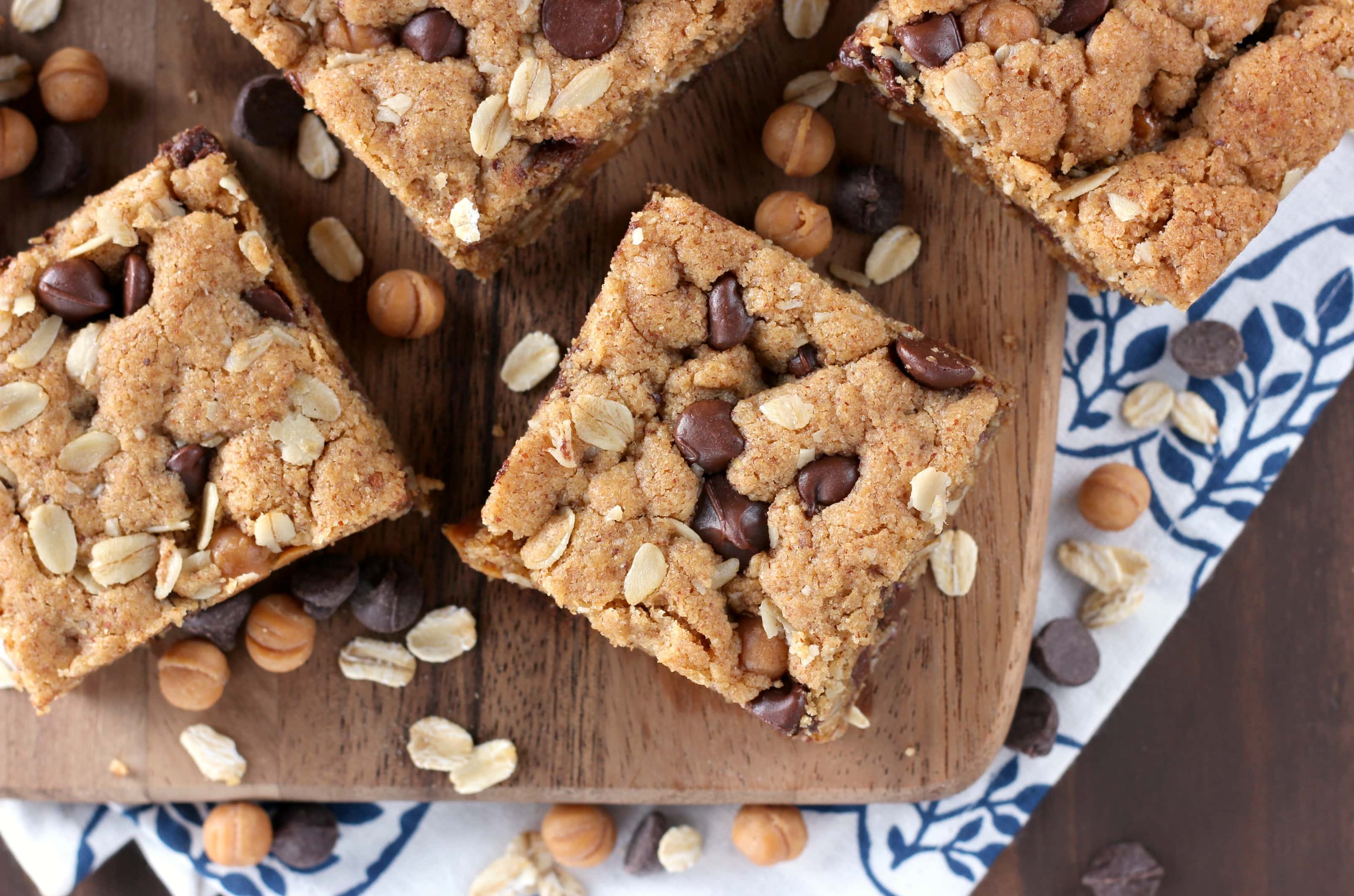 Chocolate Caramel Almond Butter Oat Bars Recipe from A Kitchen Addiction