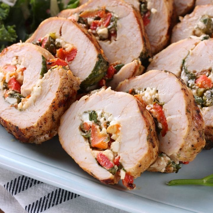 Grilled Spinach Feta Red Pepper Stuffed Turkey Tenderloin Recipe from A Kitchen Addiction