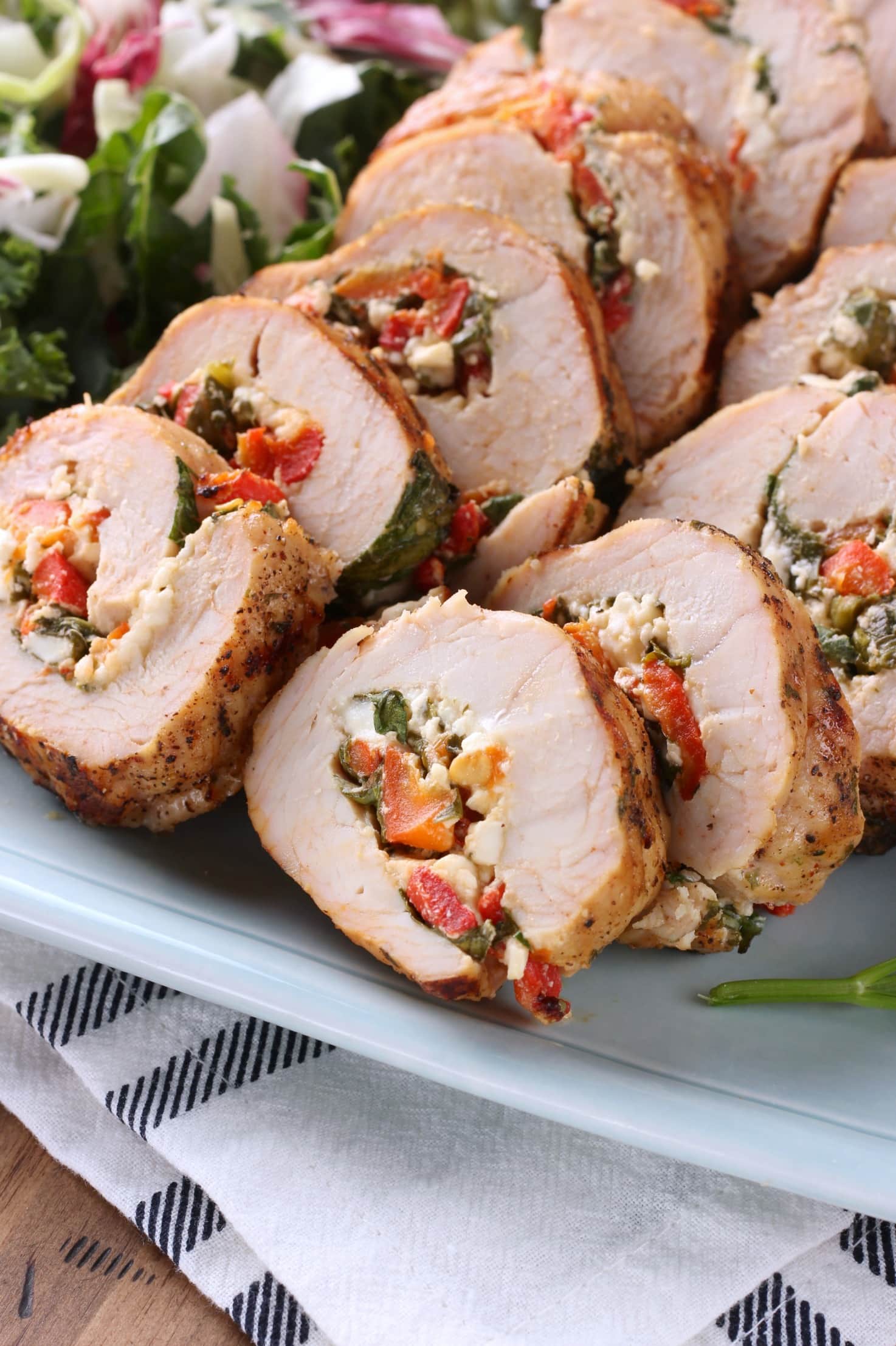 Grilled Spinach Feta Red Pepper Stuffed Turkey Tenderloin Recipe from A Kitchen Addiction