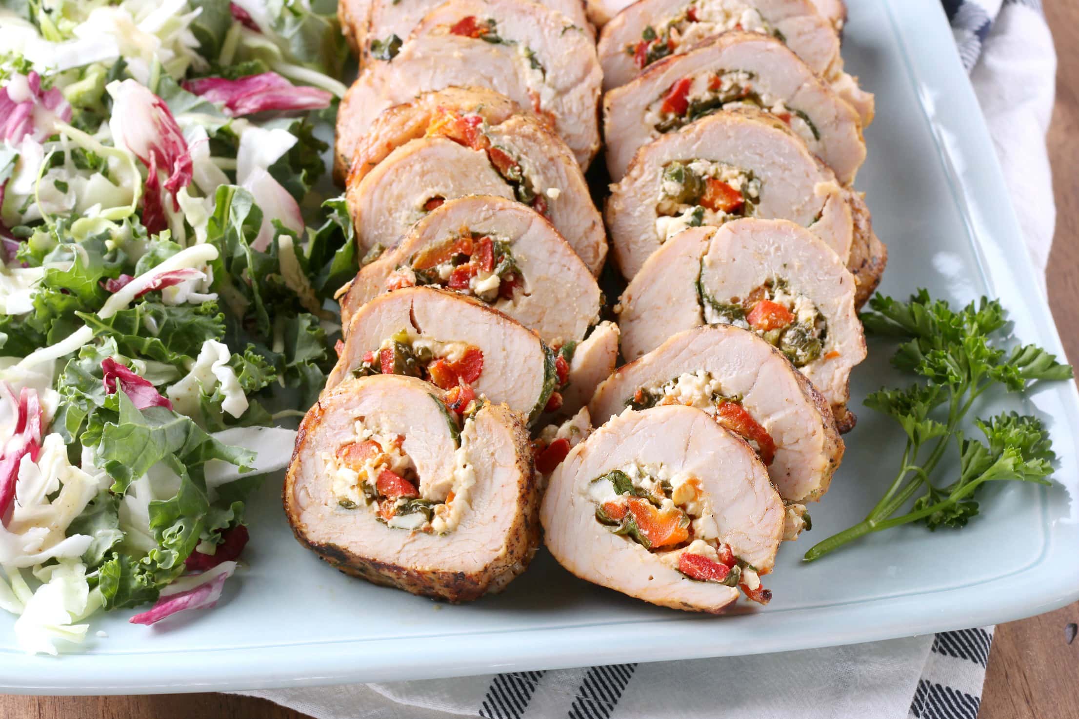 Grilled Spinach Feta Red Pepper Turkey Tenderloin Recipe from A Kitchen Addiction
