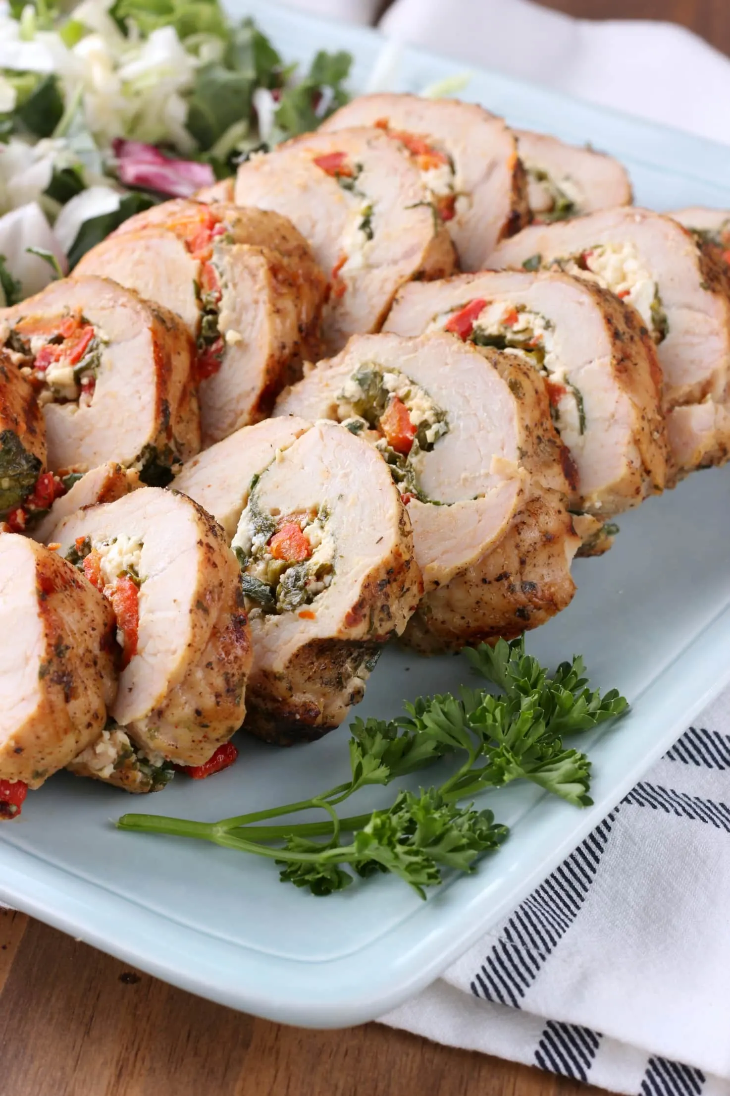 Recipe for Grilled Spinach Feta Red Pepper Stuffed Turkey Tenderloin from A Kitchen Addiction