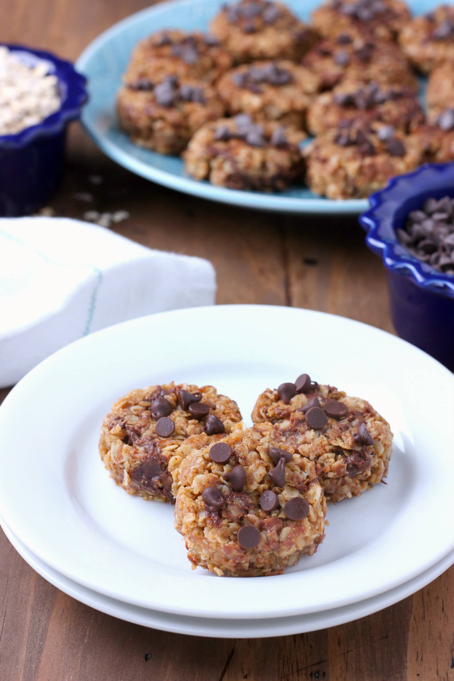 Lighter Almond Butter Chocolate Chip No Bake Cookies Recipe from A Kitchen Addiction