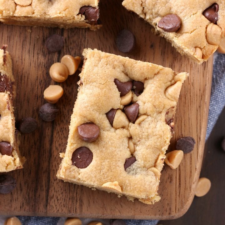 One Bowl Chocolate Chip Peanut Butter Bars Recipe from A Kitchen Addiction