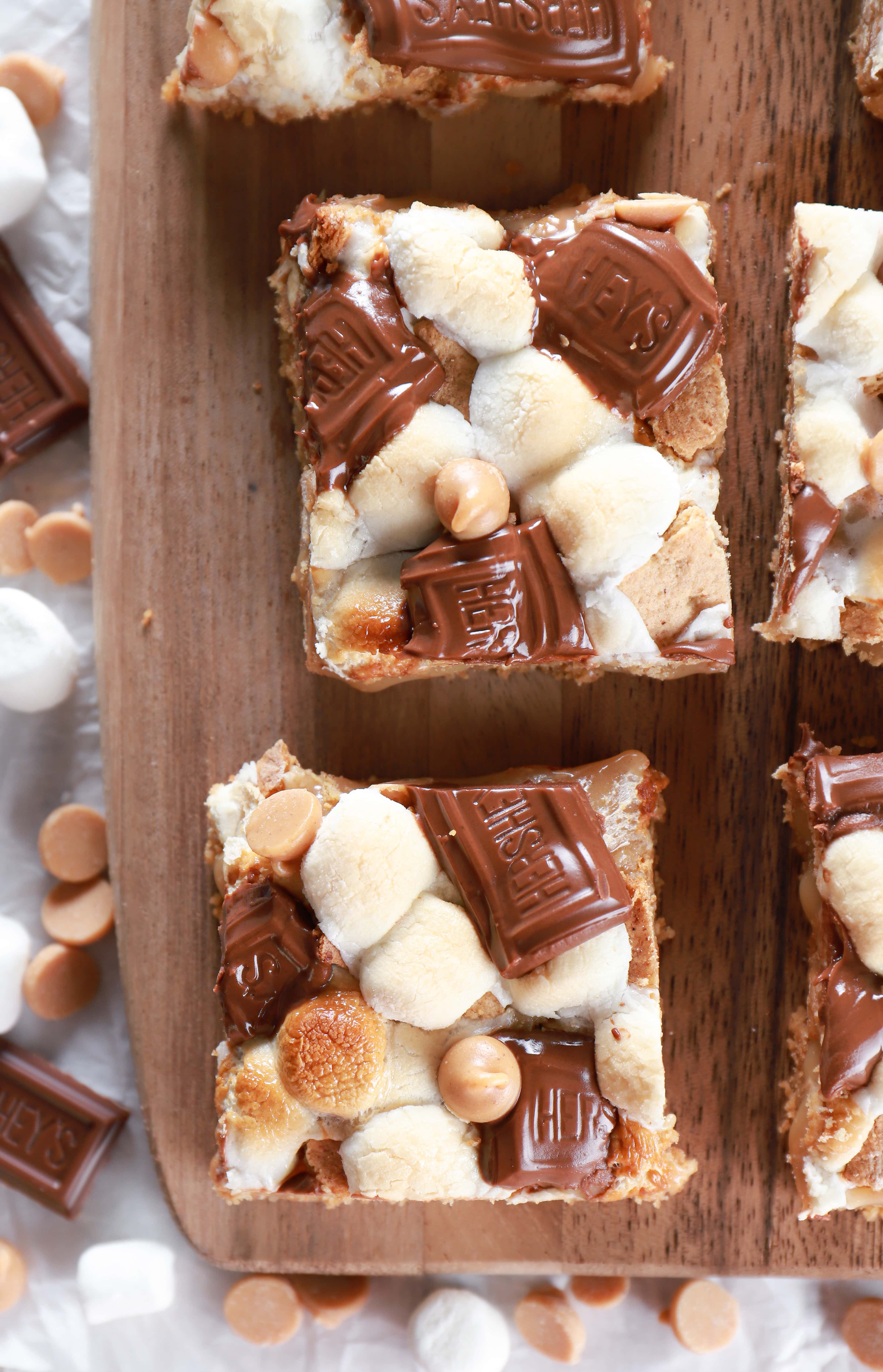 Up close above view of a peanut butter smores seven layer bar. Recipe for bars from A Kitchen Addiction