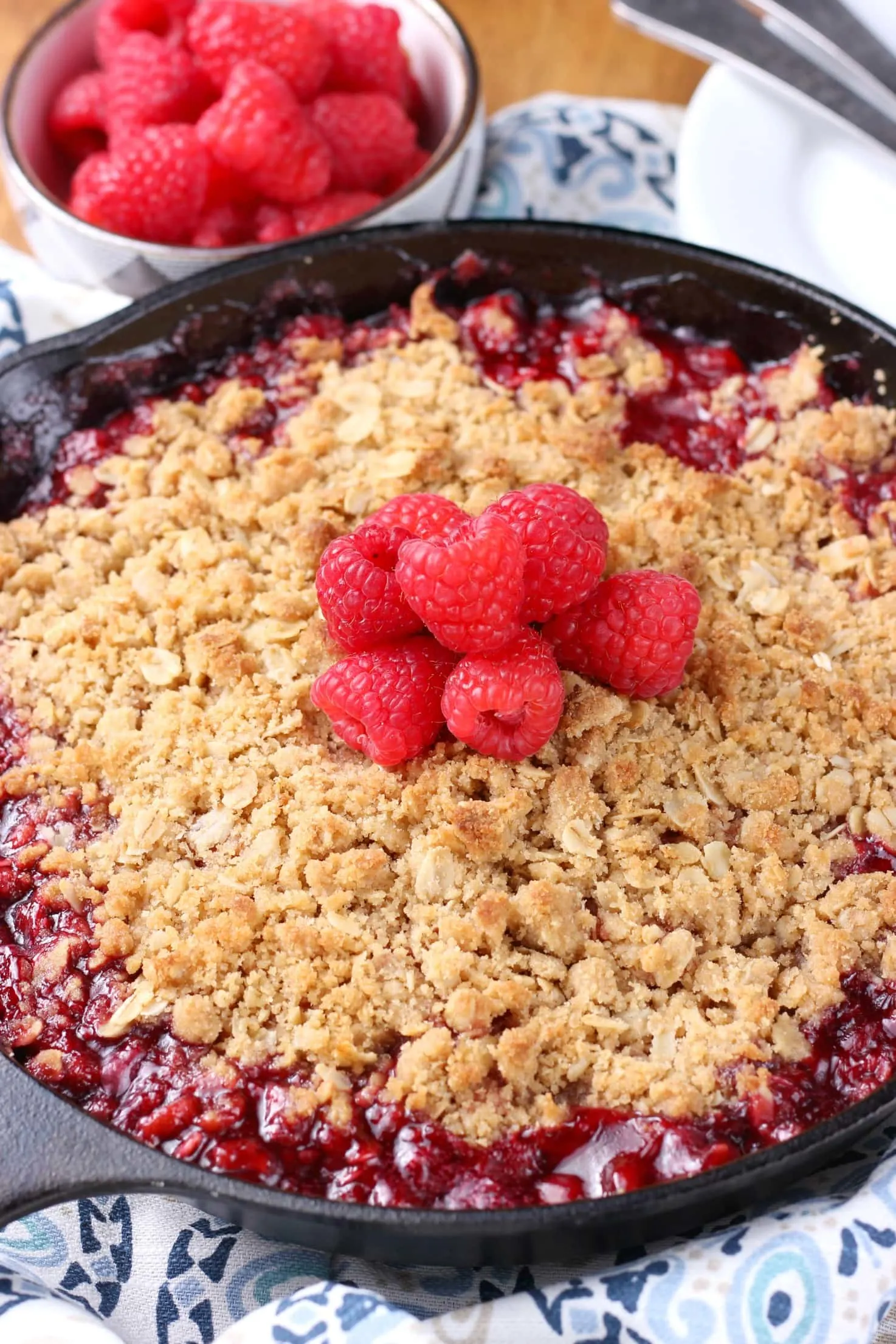 Simple Raspberry Skillet Crisp made on the grill! Recipe from A Kitchen Addiction