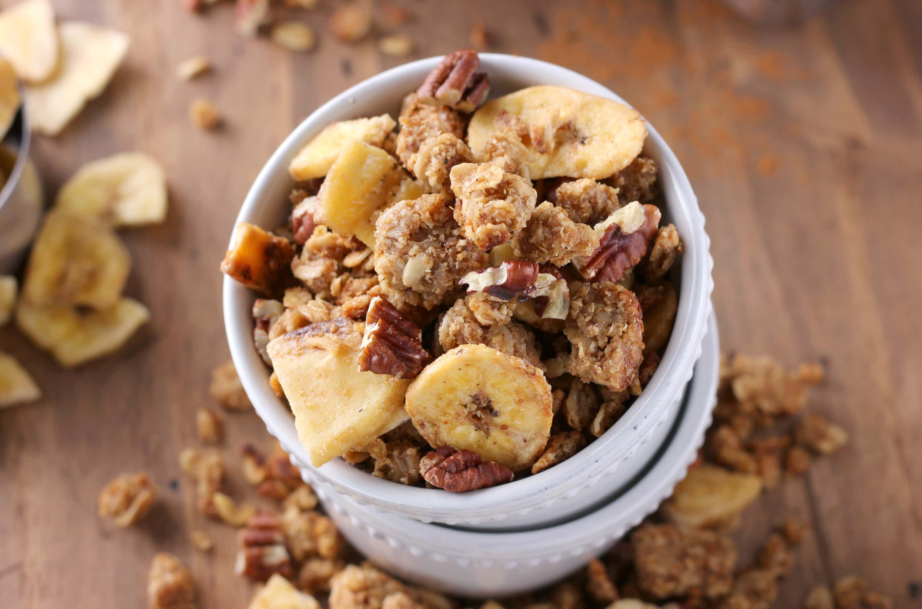 Peanut Butter Banana Bread Granola made in a skillet on the stove top! Recipe from A Kitchen Addiction