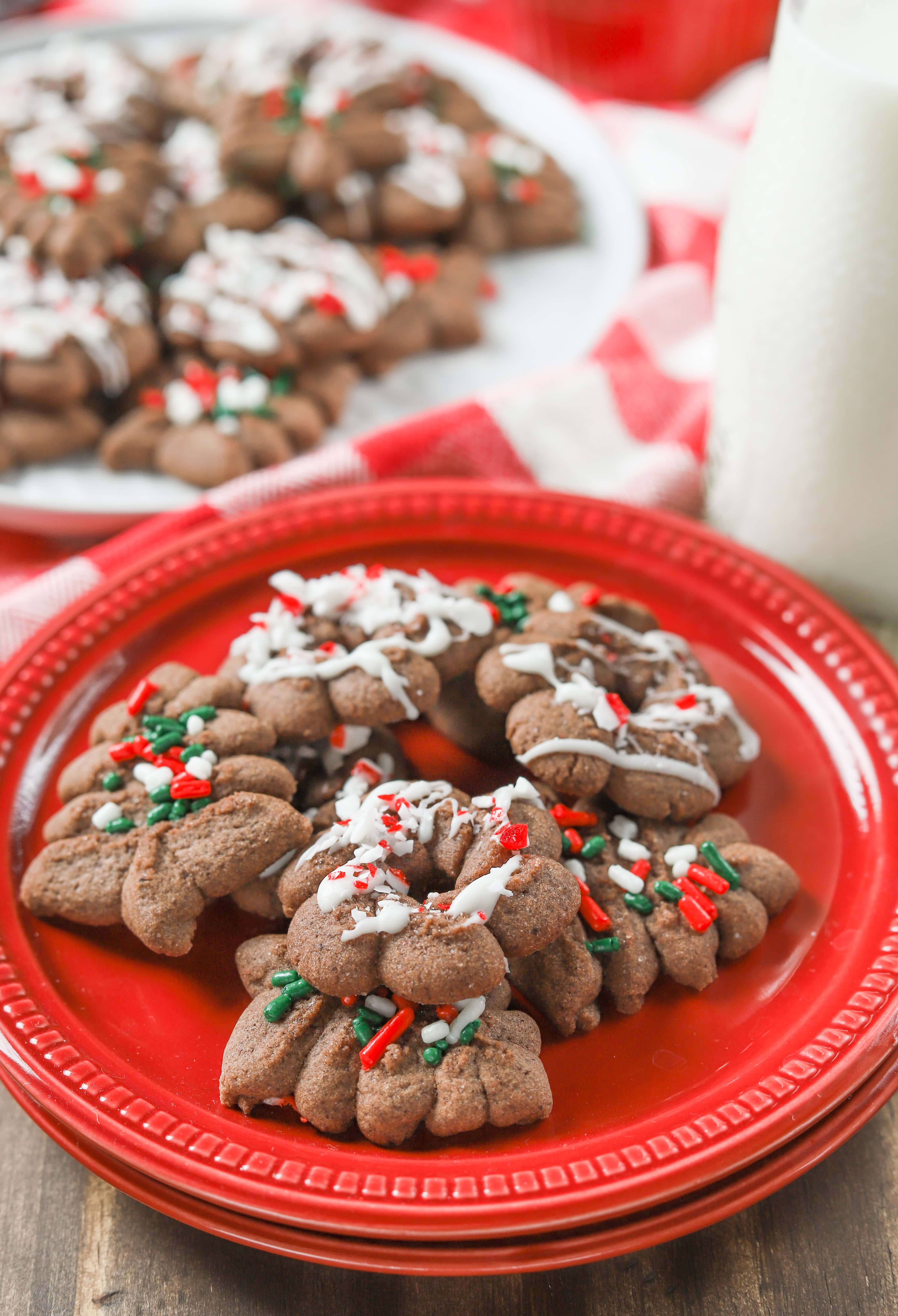 Chocolate Peppermint Spritz Cookies Recipe from A Kitchen Addiction