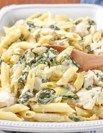 Easy Spinach Artichoke Chicken Penne Recipe from A Kitchen Addiction