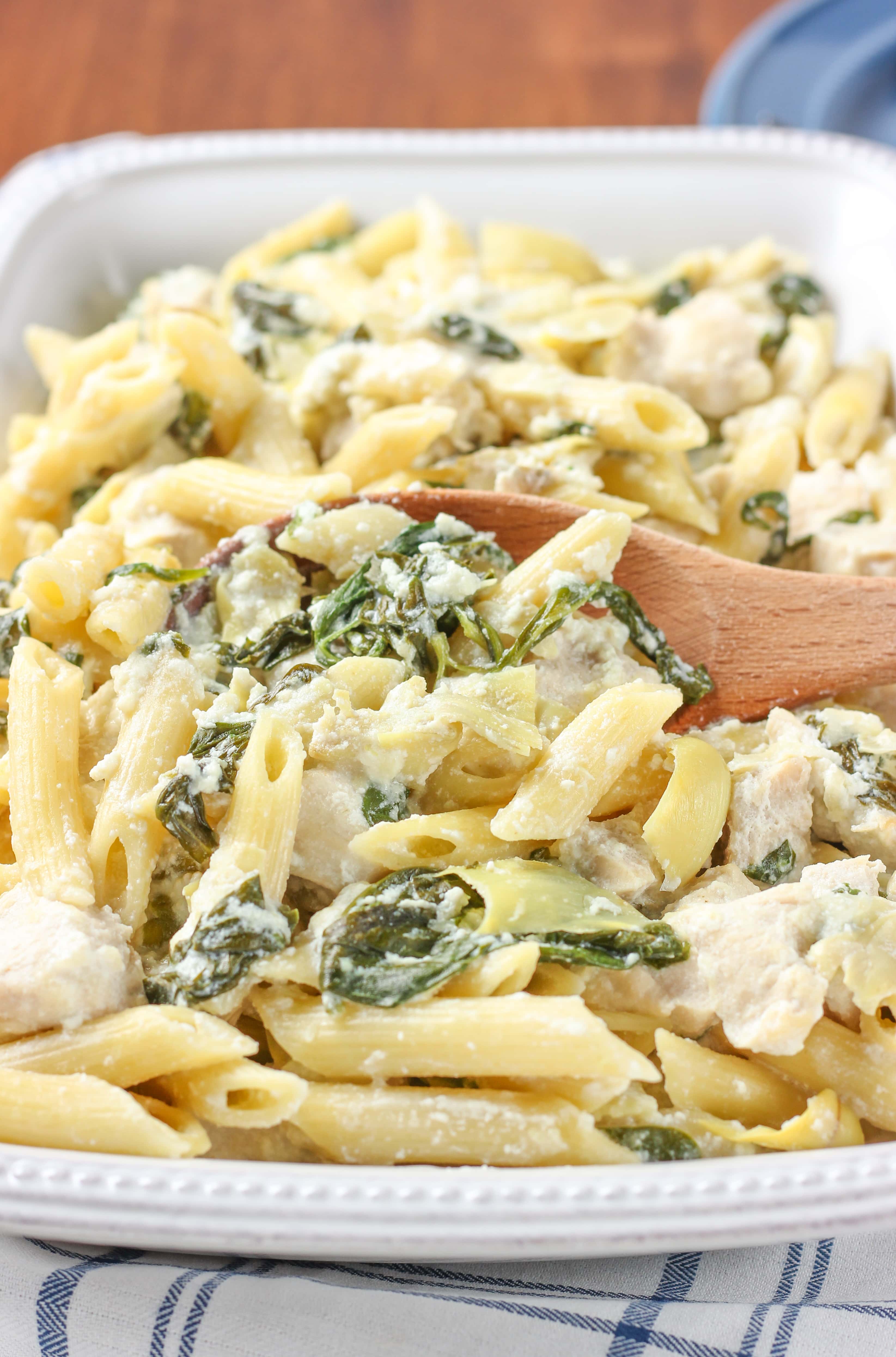 Easy Spinach Artichoke Chicken Penne Recipe from A Kitchen Addiction