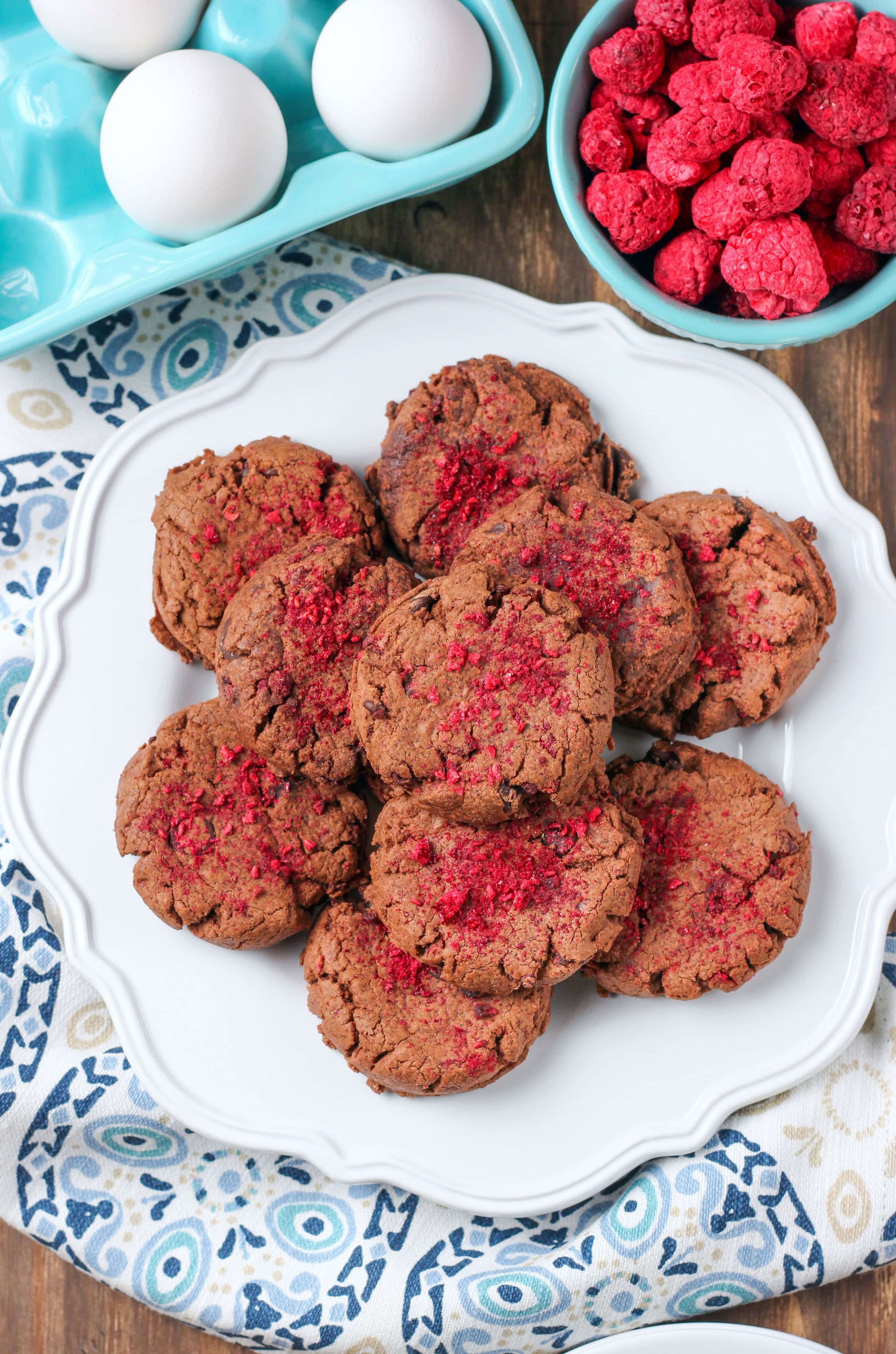 Raspberry Fudge Cookies Recipe filled with chocolate chips and freeze-dried raspberries!