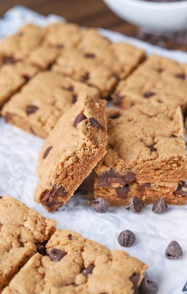 One Bowl Chocolate Chip Almond Butter Bars {Whole Wheat} A Kitchen Addiction