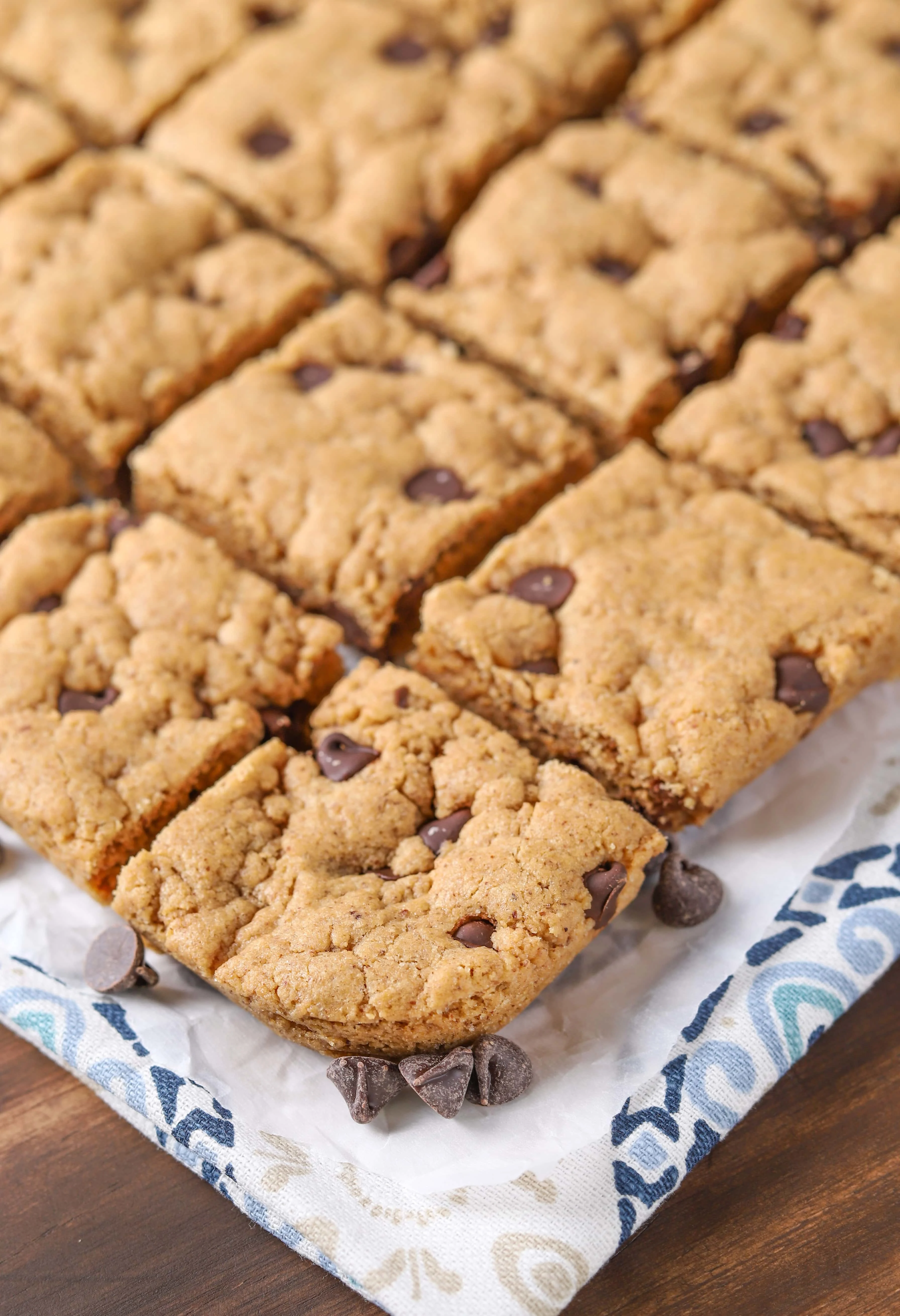 One Bowl Chocolate Chip Almond Butter Bars Recipe from A Kitchen Addiction