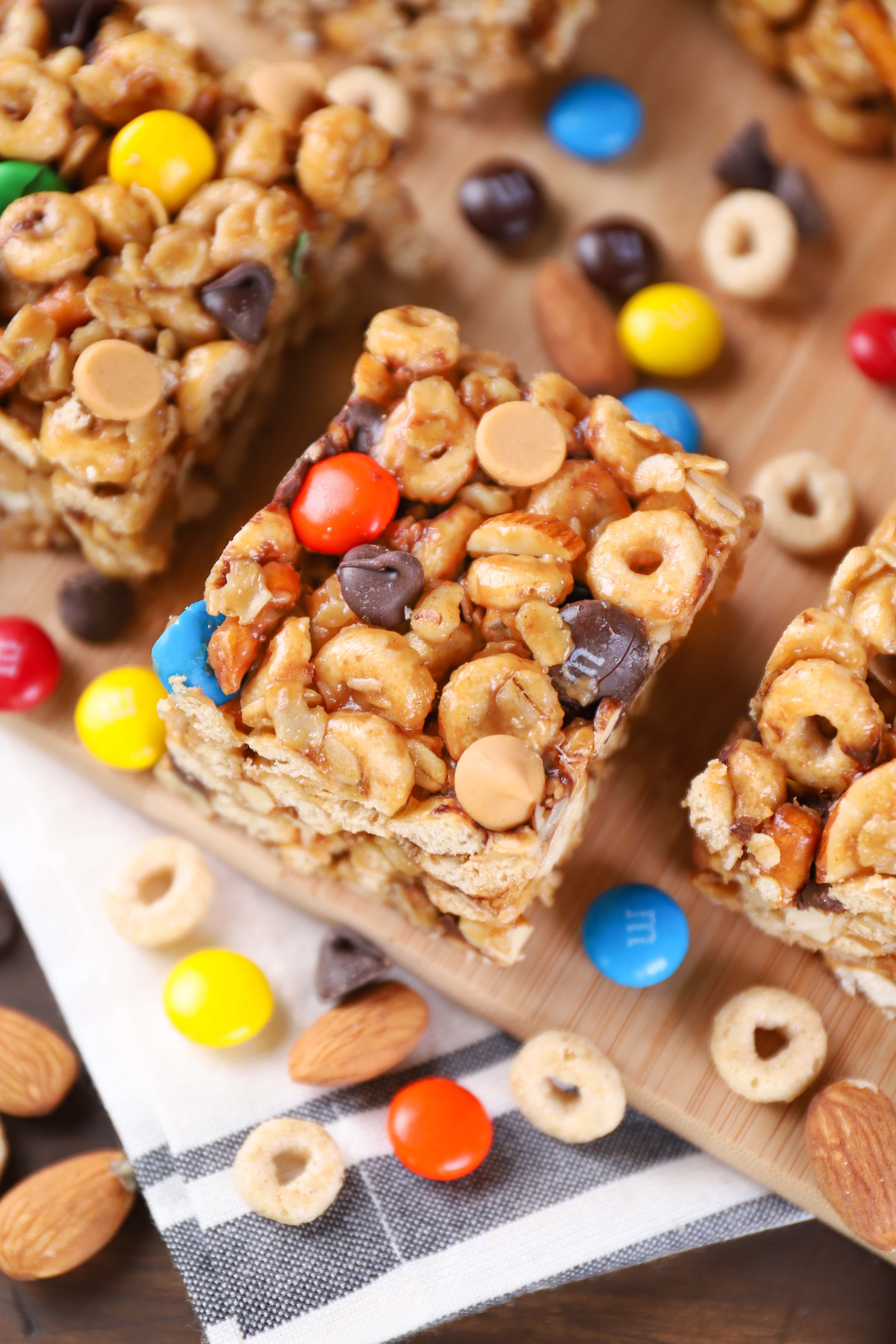 No Bake Trail Mix Cereal Bars Recipe from A Kitchen Addiction