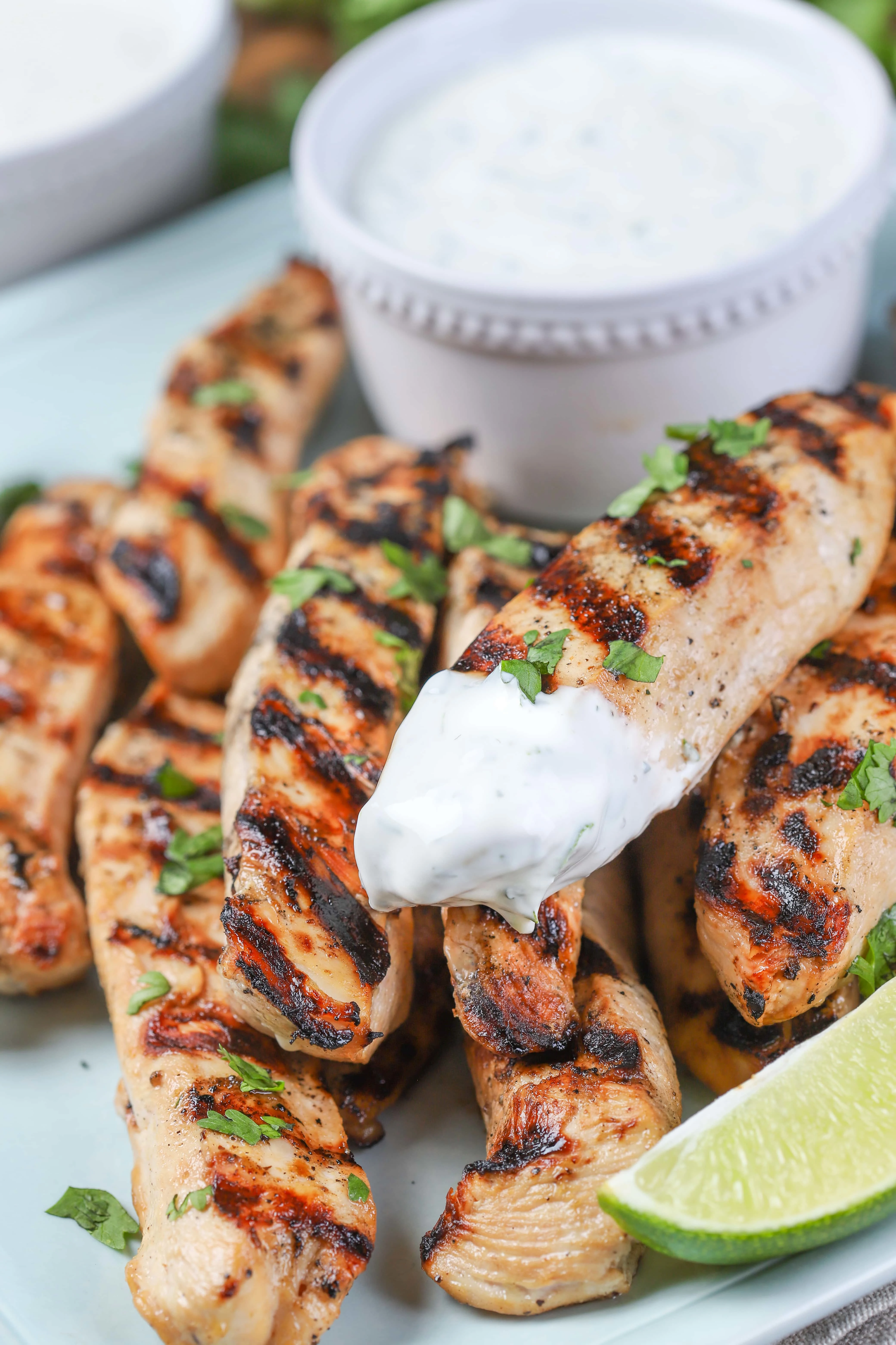 Grilled Pineapple Chicken Strips with Creamy Lime Dipping Sauce Recipe from A Kitchen Addiction Blog