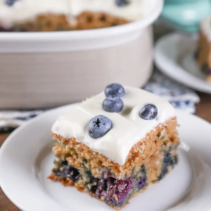 Blueberry Zucchini Snack Cake with Cream Cheese Frosting Recipe from A Kitchen Addiction