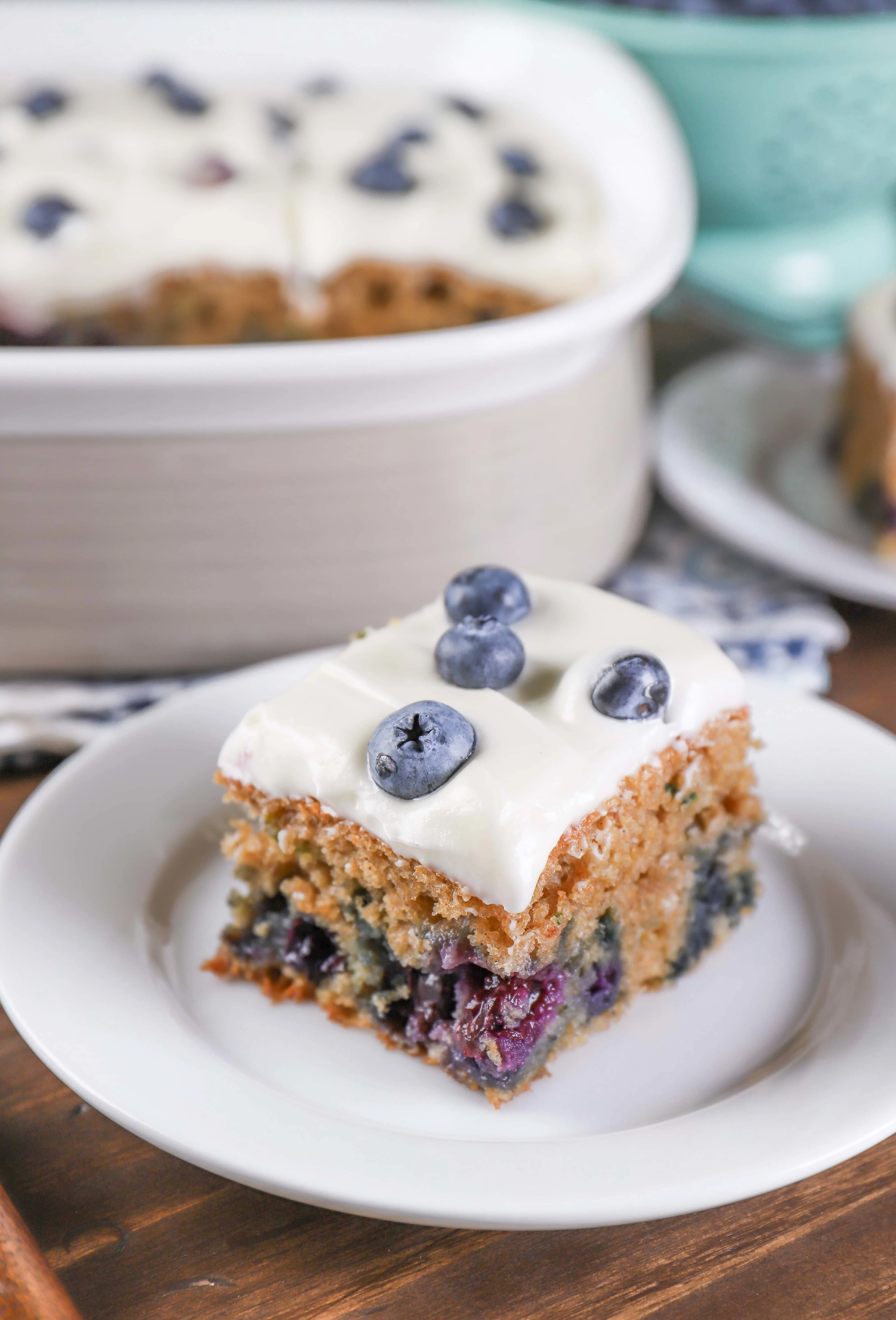 Blueberry Zucchini Snack Cake with Cream Cheese Frosting Recipe from A Kitchen Addiction