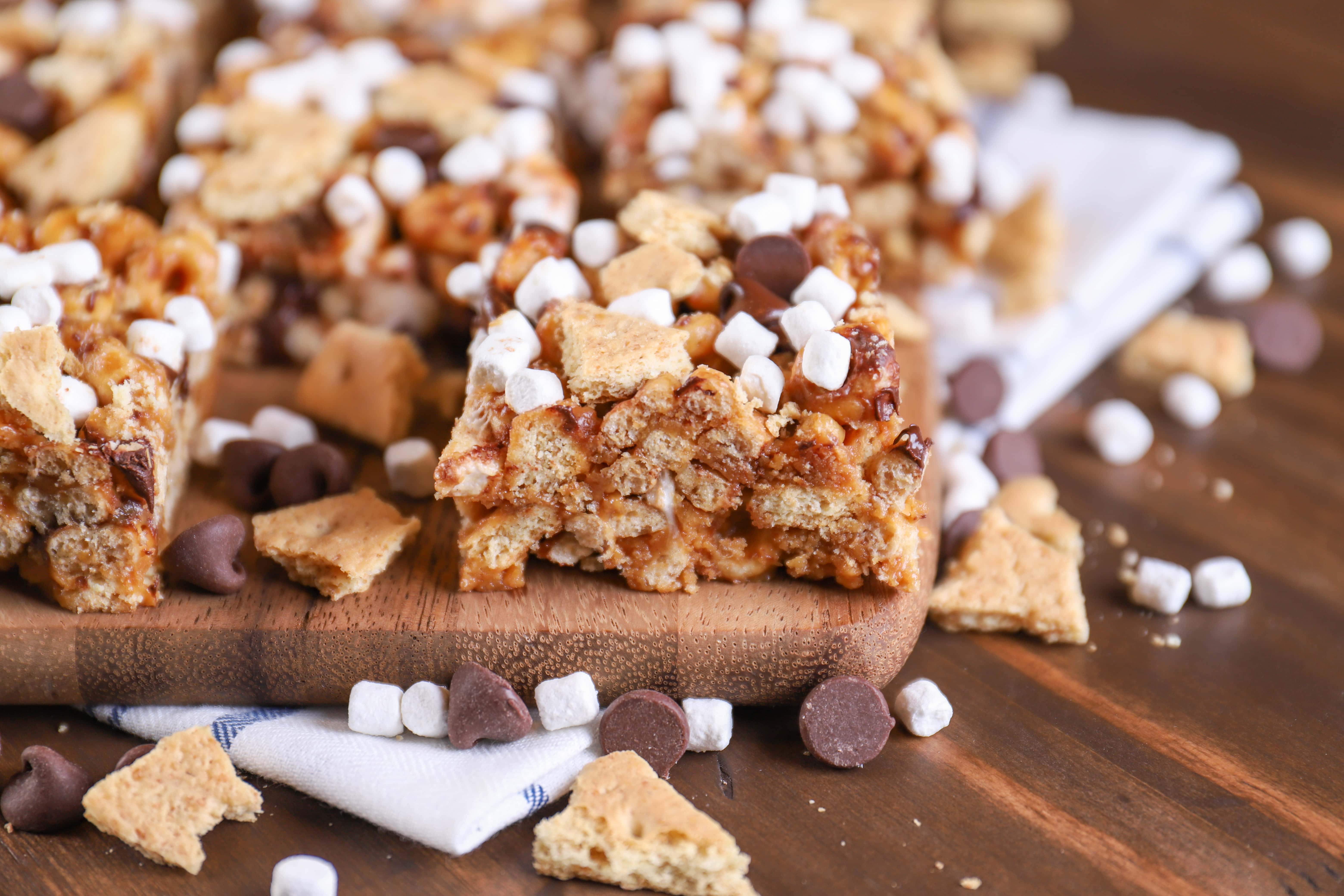 No Bake Peanut Butter Smores Cereal Bars Recipe from A Kitchen Addiction