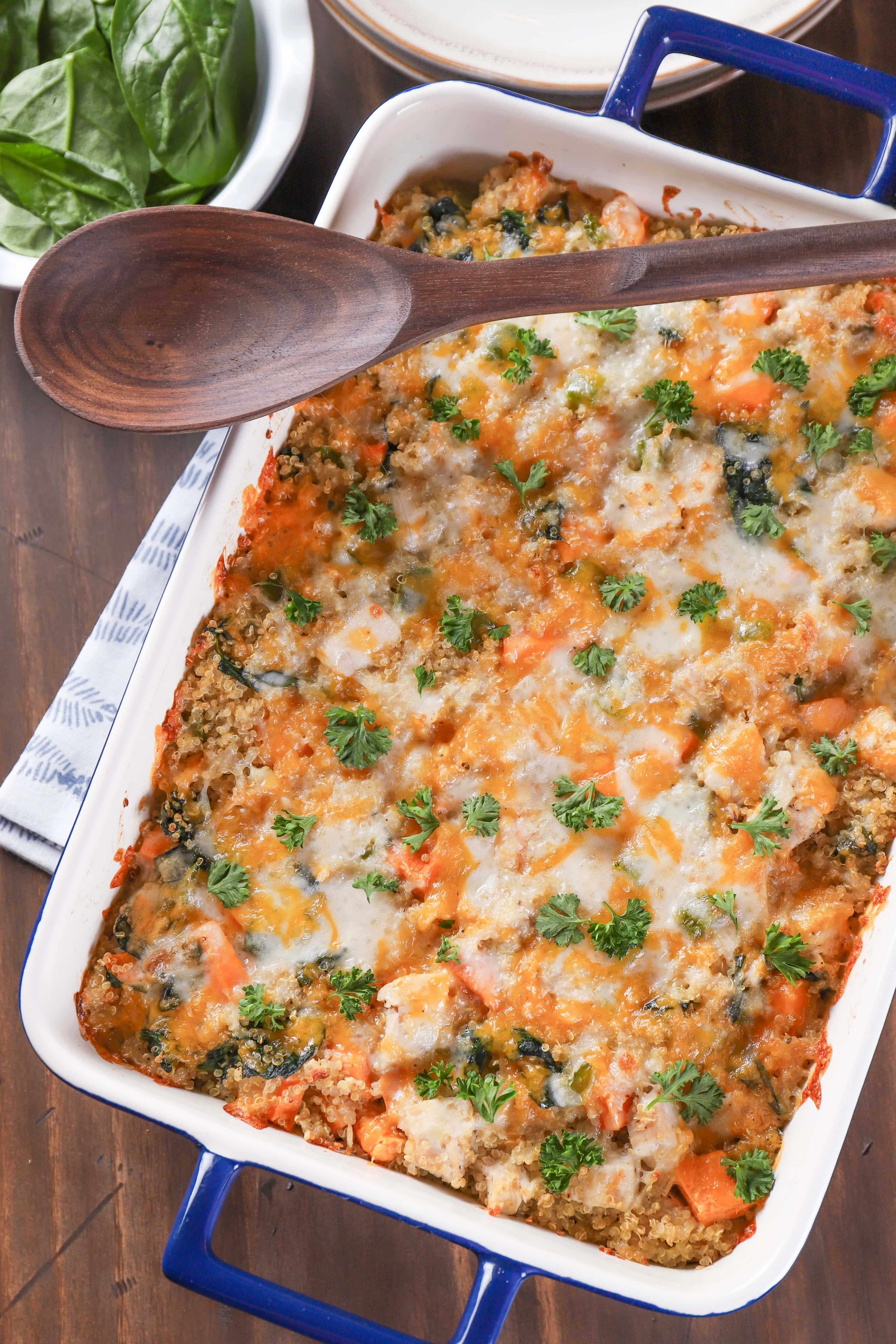 Easy Turkey Sweet Potato Quinoa Casserole in a 9x13 inch baking dish Recipe by A Kitchen Addiction