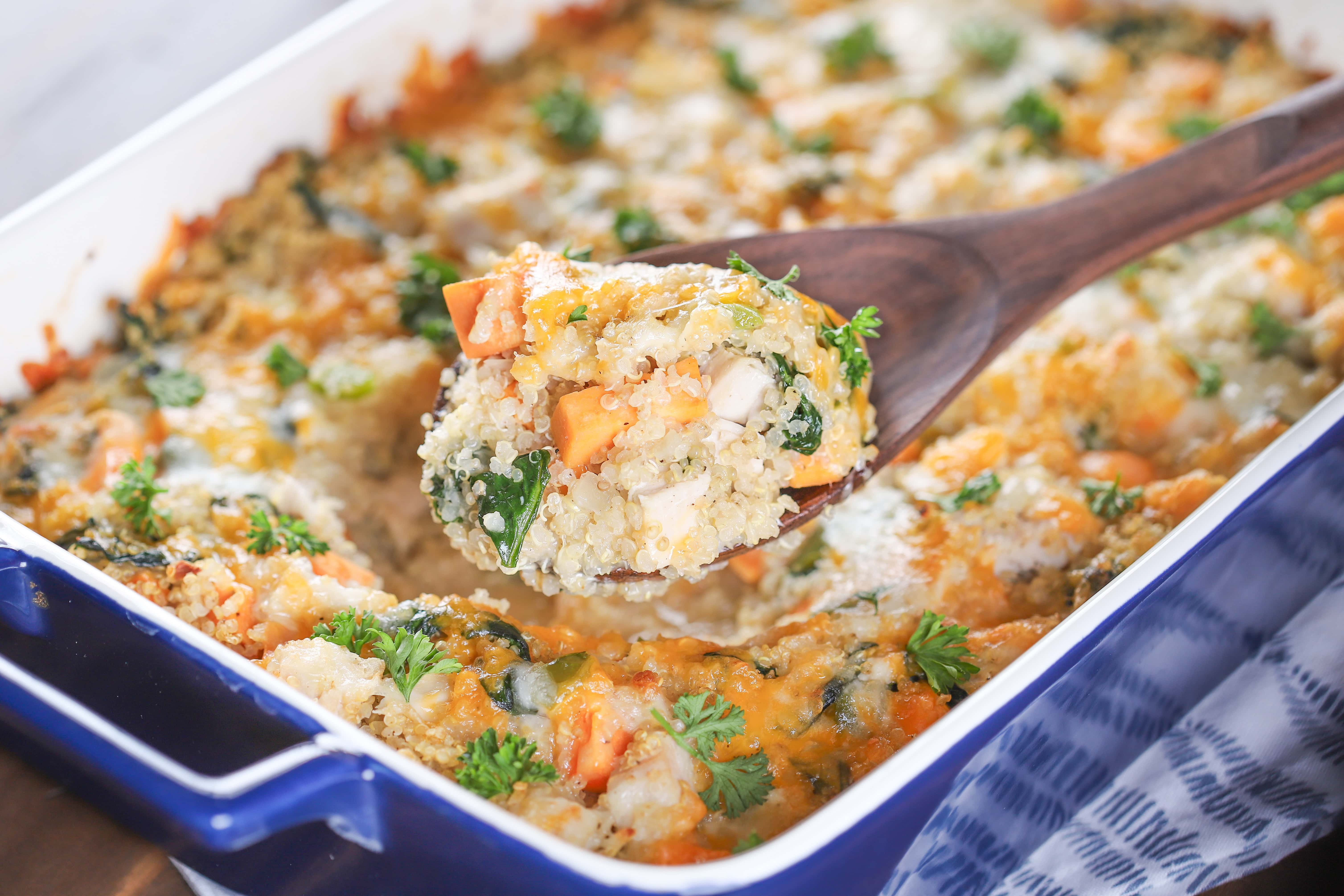 Scoop of Turkey Sweet Potato Quinoa Bake. Recipe from A Kitchen Addiction