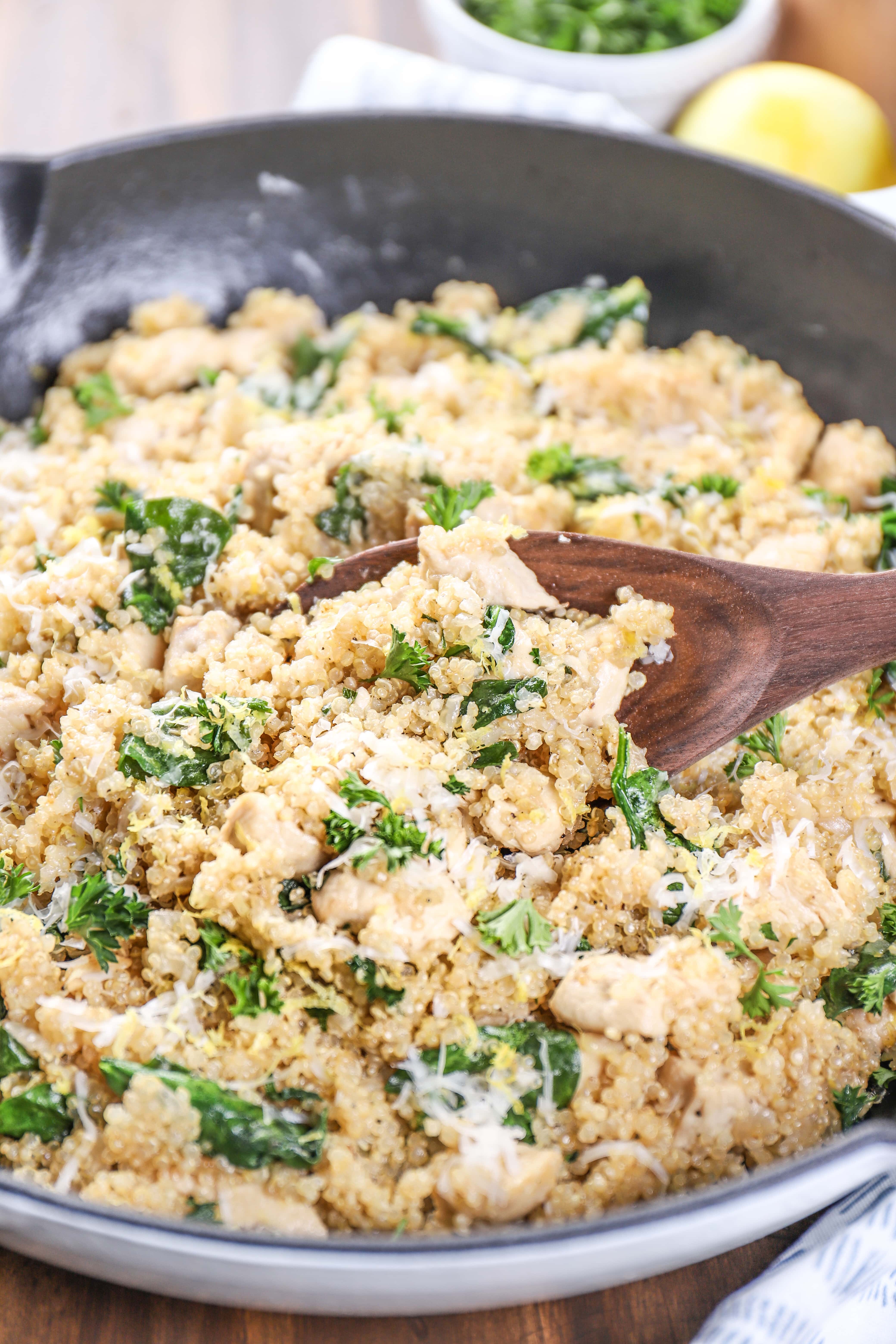 Lightened Up Lemon Parmesan Chicken Quinoa Skillet in pan