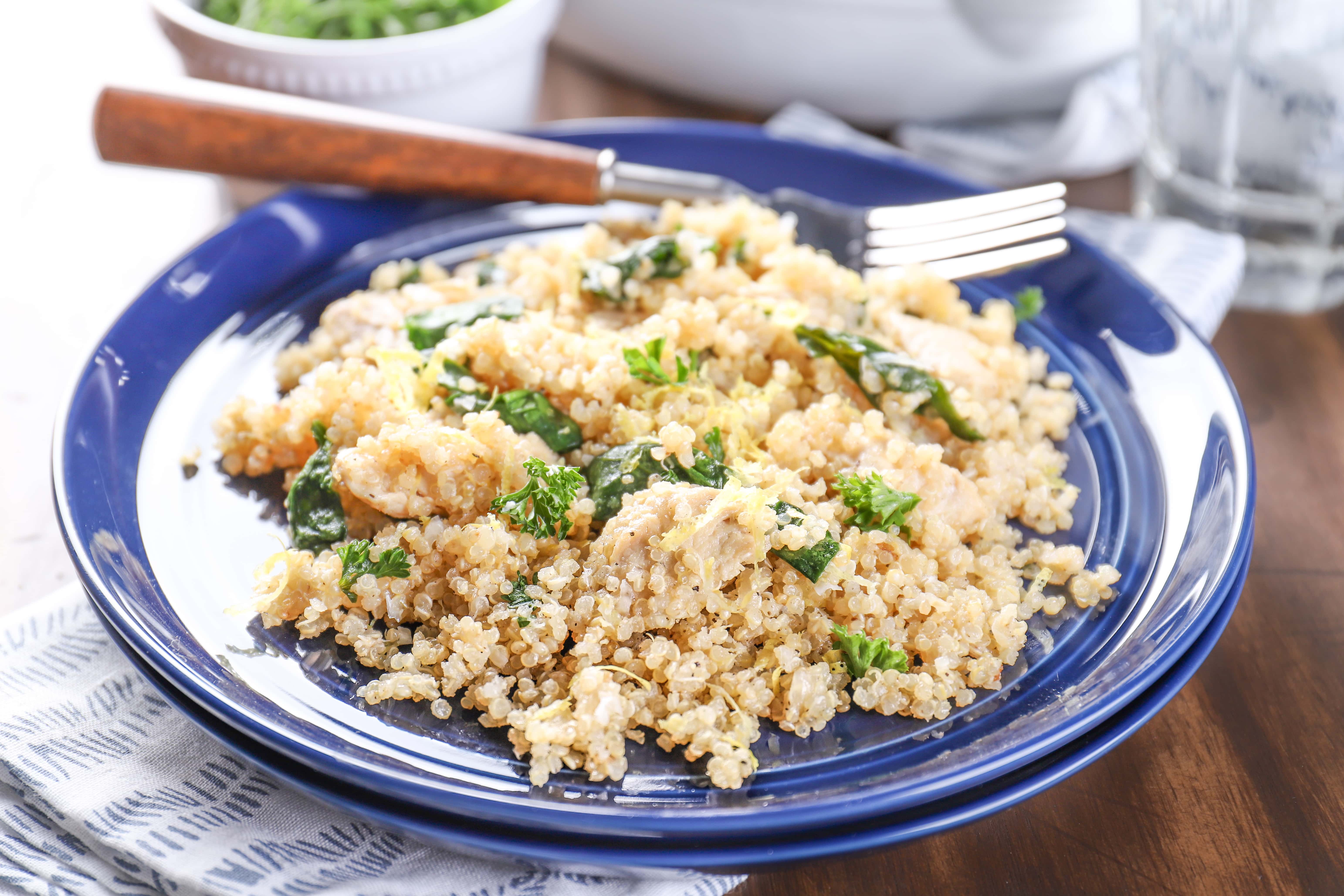 Lightened Up Lemon Parmesan Chicken Quinoa Skillet Recipe from A Kitchen Addiction